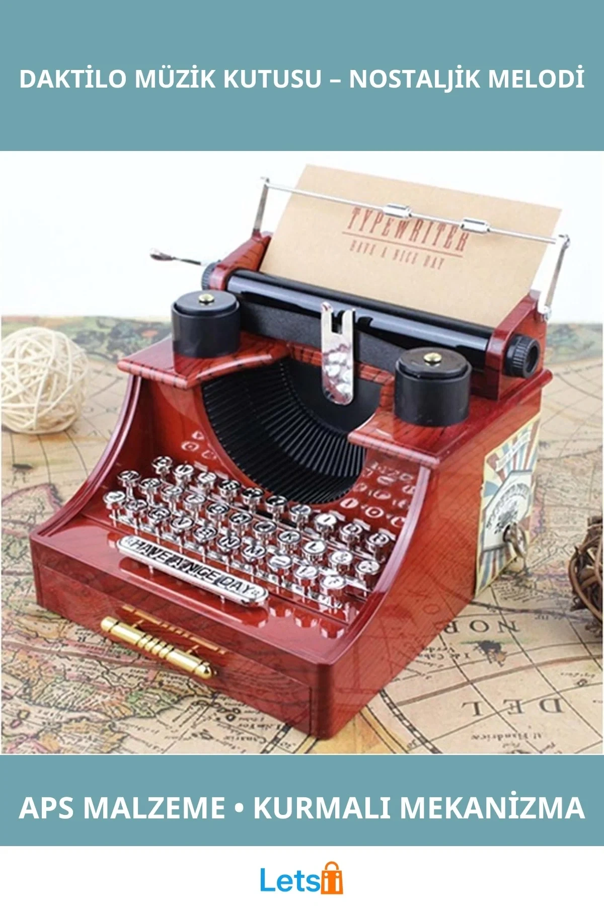 Nostaljik Daktilo Müzik Kutusu Ergonomik Tasarım 15x11x15 cm