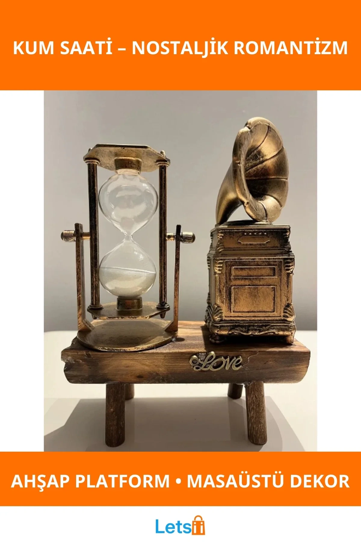 Nostaljik Gramofon Biblolu Kum Saati Ahşap Eskitme Dekoratif Süslü