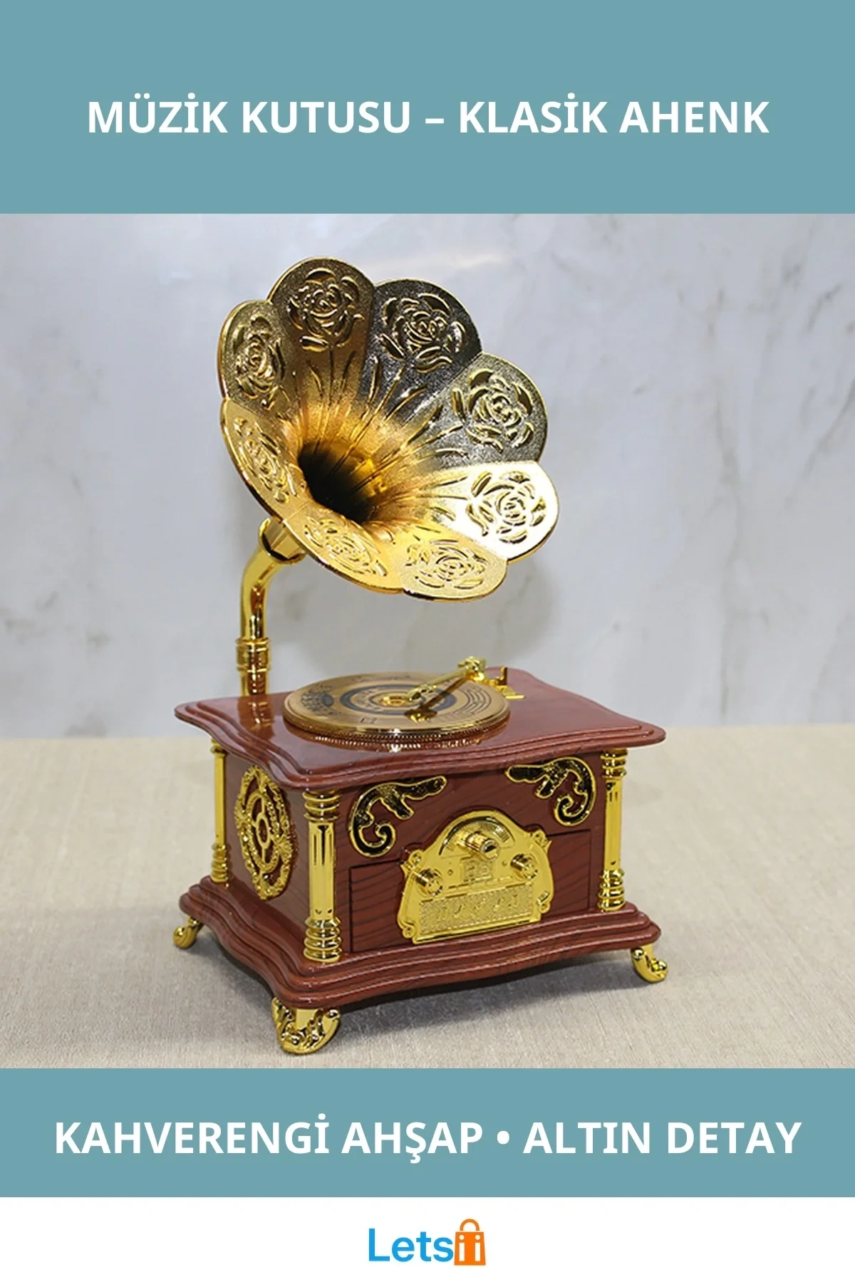 Nostaljik Kahverengi Ahşap Gramofon Müzik Kutusu