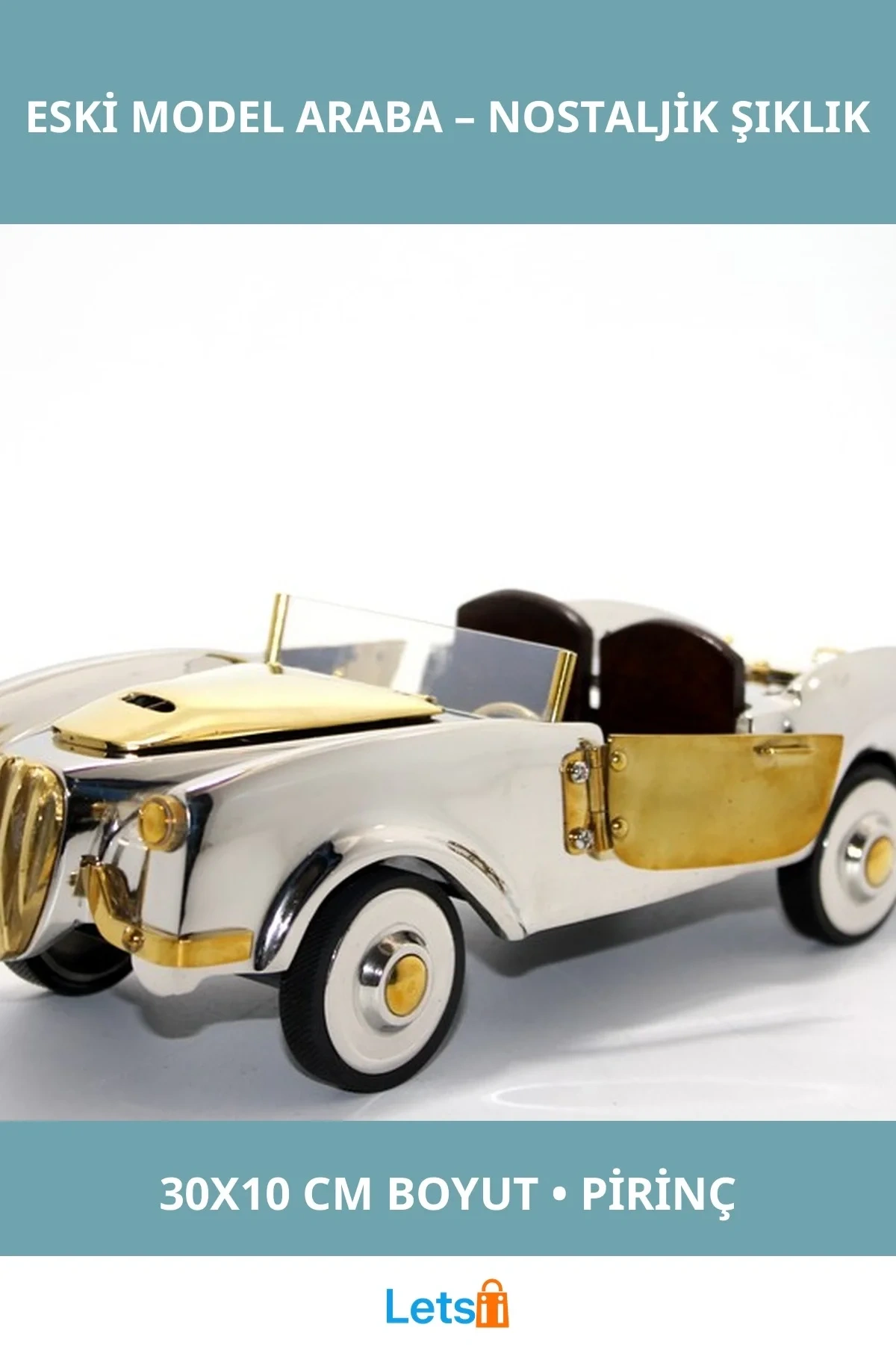 Nostaljik Pirinç Eski Model Araba 30x10 cm Dekoratif Obje