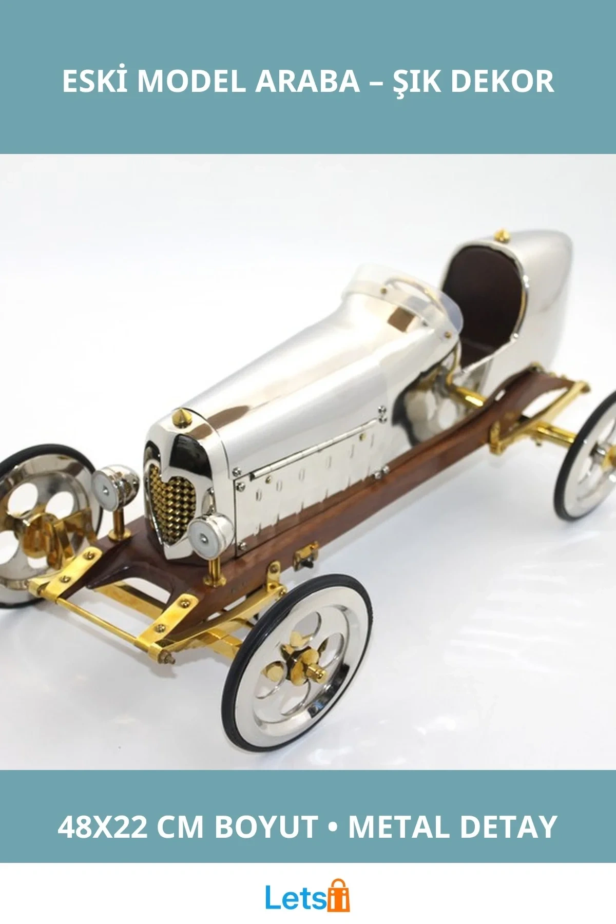 Nostaljik Pirinç Eski Model Dekoratif Araba 48x22 cm