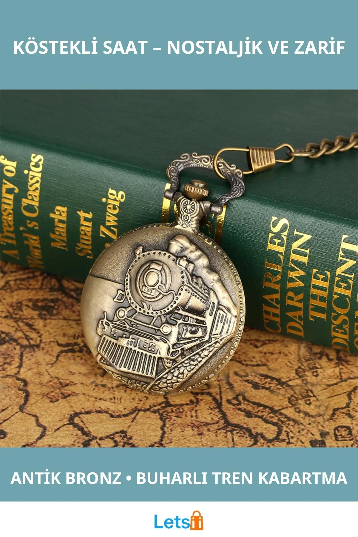 Nostaljik Tren Temalı Antik Bronz Köstekli Saat