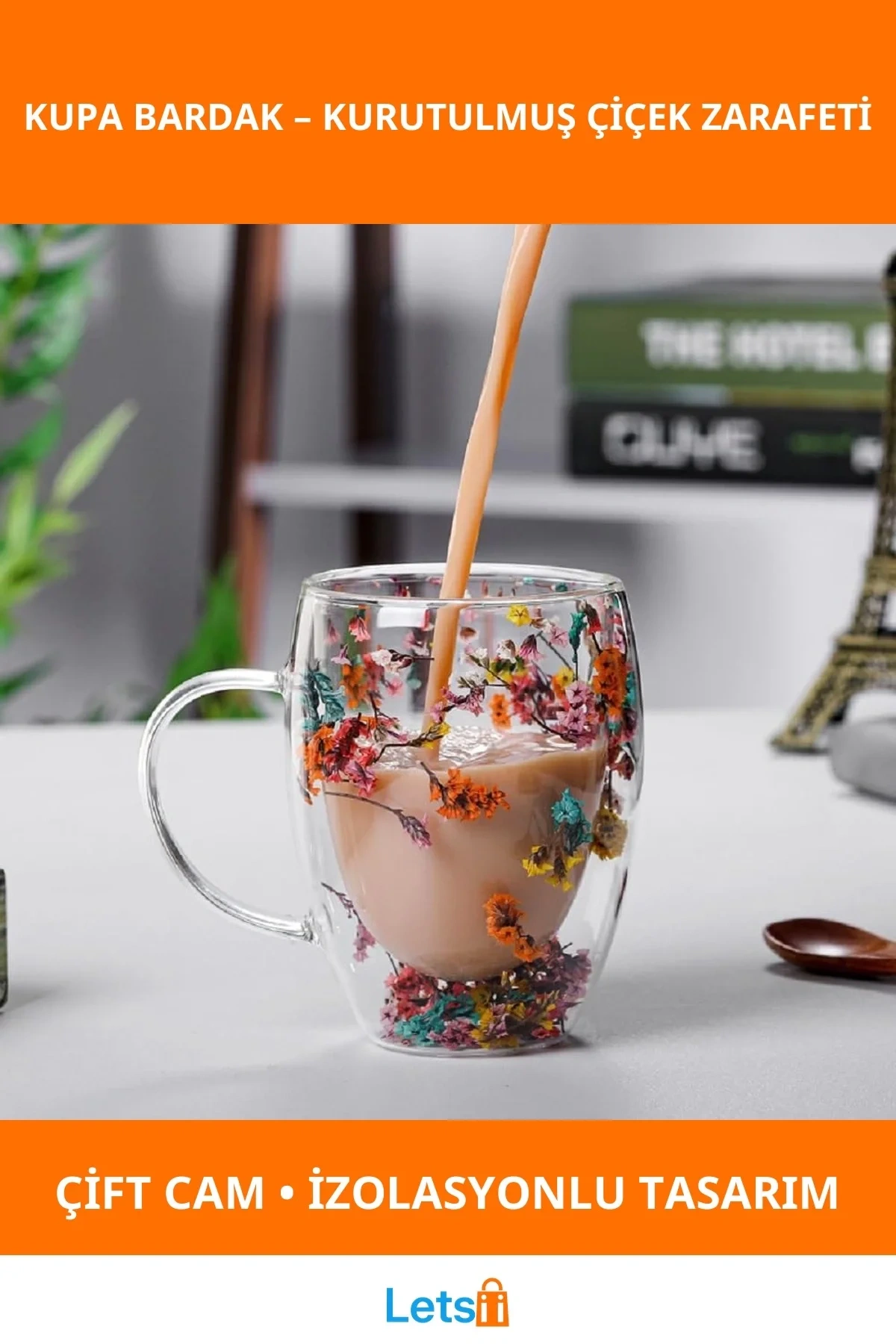 Orijinal Kurutulmuş Çiçekli Çift Camlı Kupa Bardak 250 ml