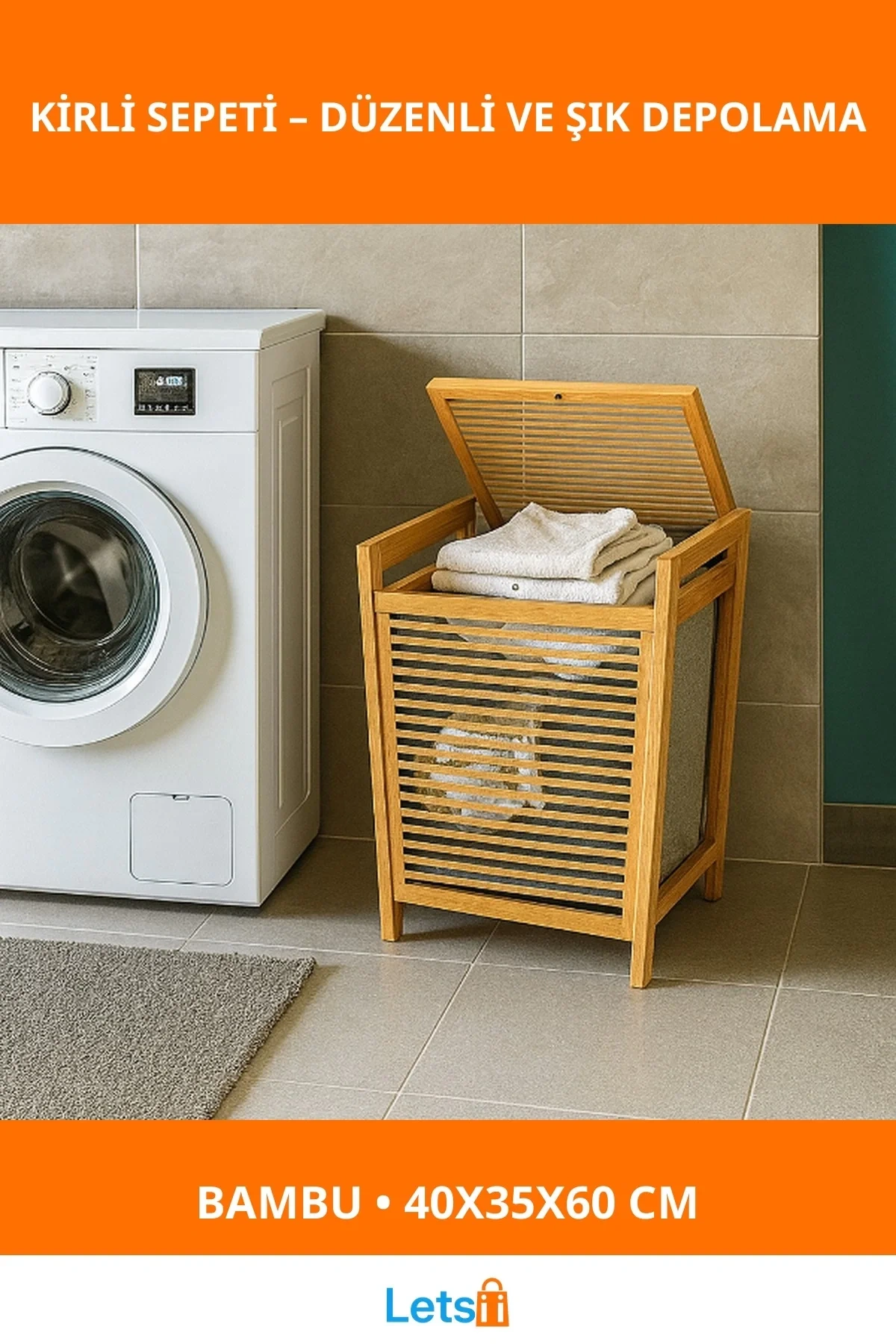 Orta Boy Ahşap Bambu Kirli Sepeti 40x35x60 cm