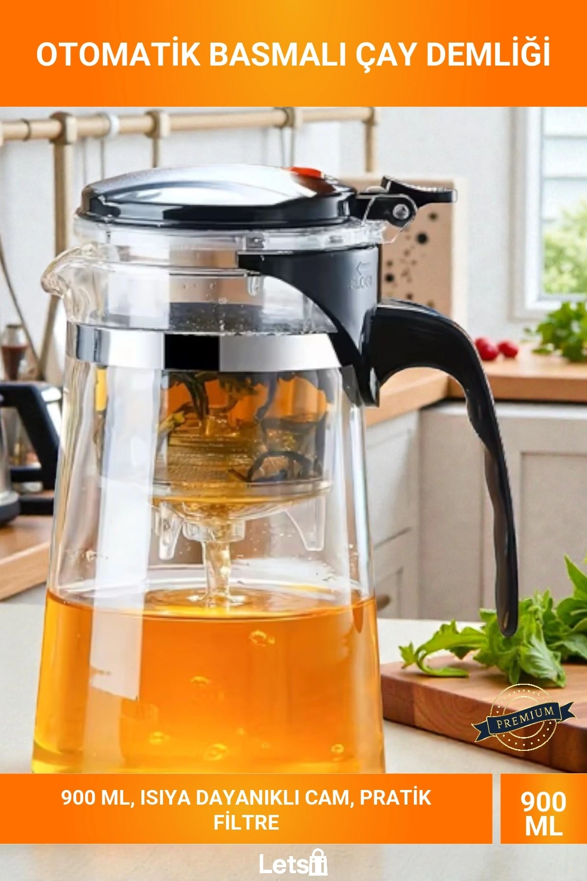 Otomatik Basmalı Filtreli Isıya Dayanıklı Cam 900 ml Çay Demliği
