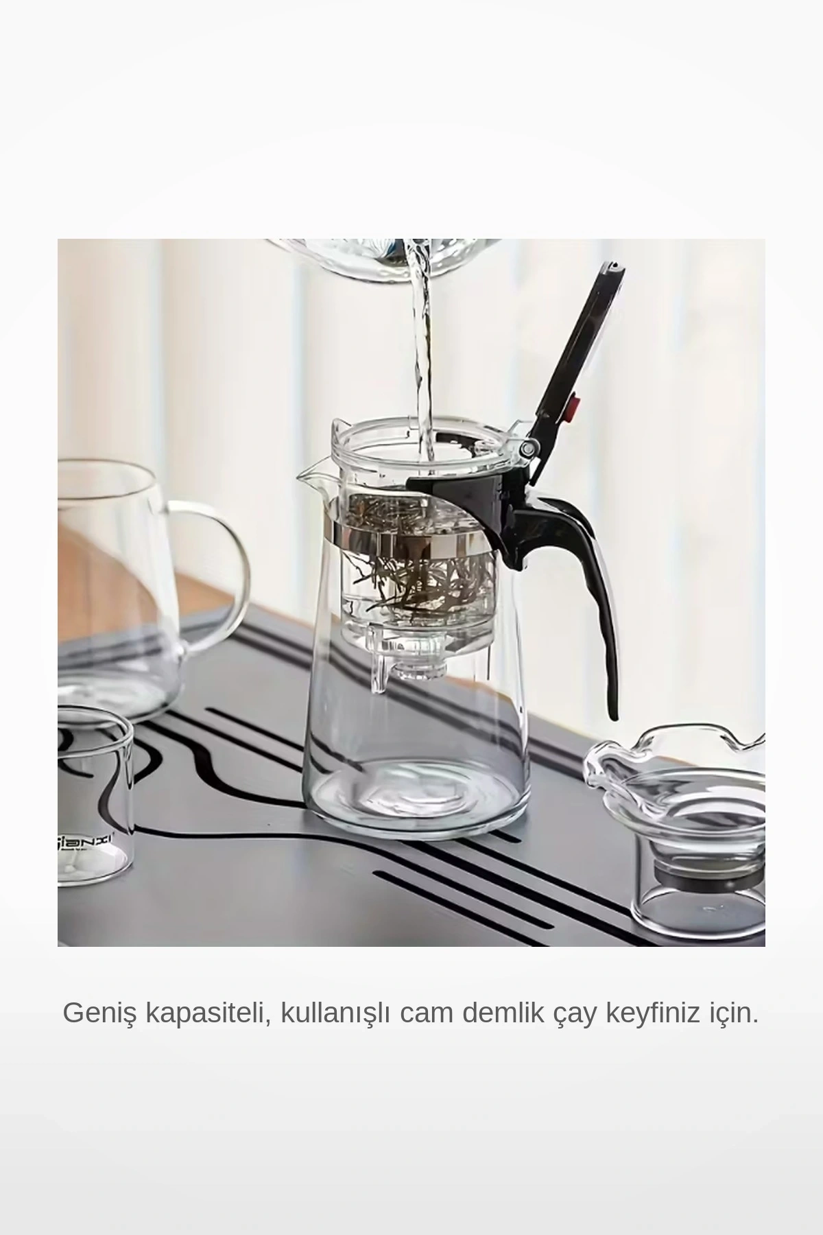 Otomatik Basmalı Filtreli Isıya Dayanıklı Cam 900 ml Çay Demliği