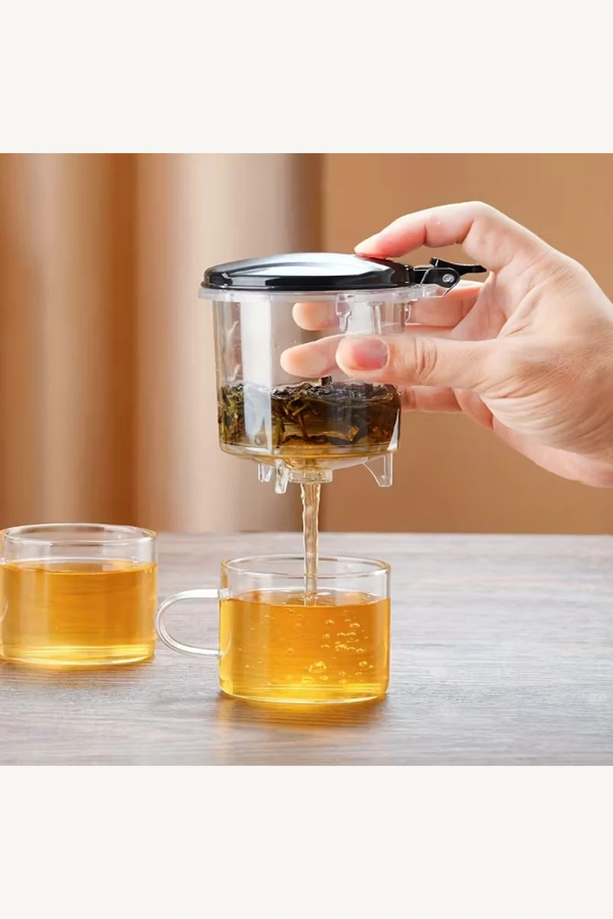 Otomatik Basmalı Filtreli Isıya Dayanıklı Cam 900 ml Çay Demliği