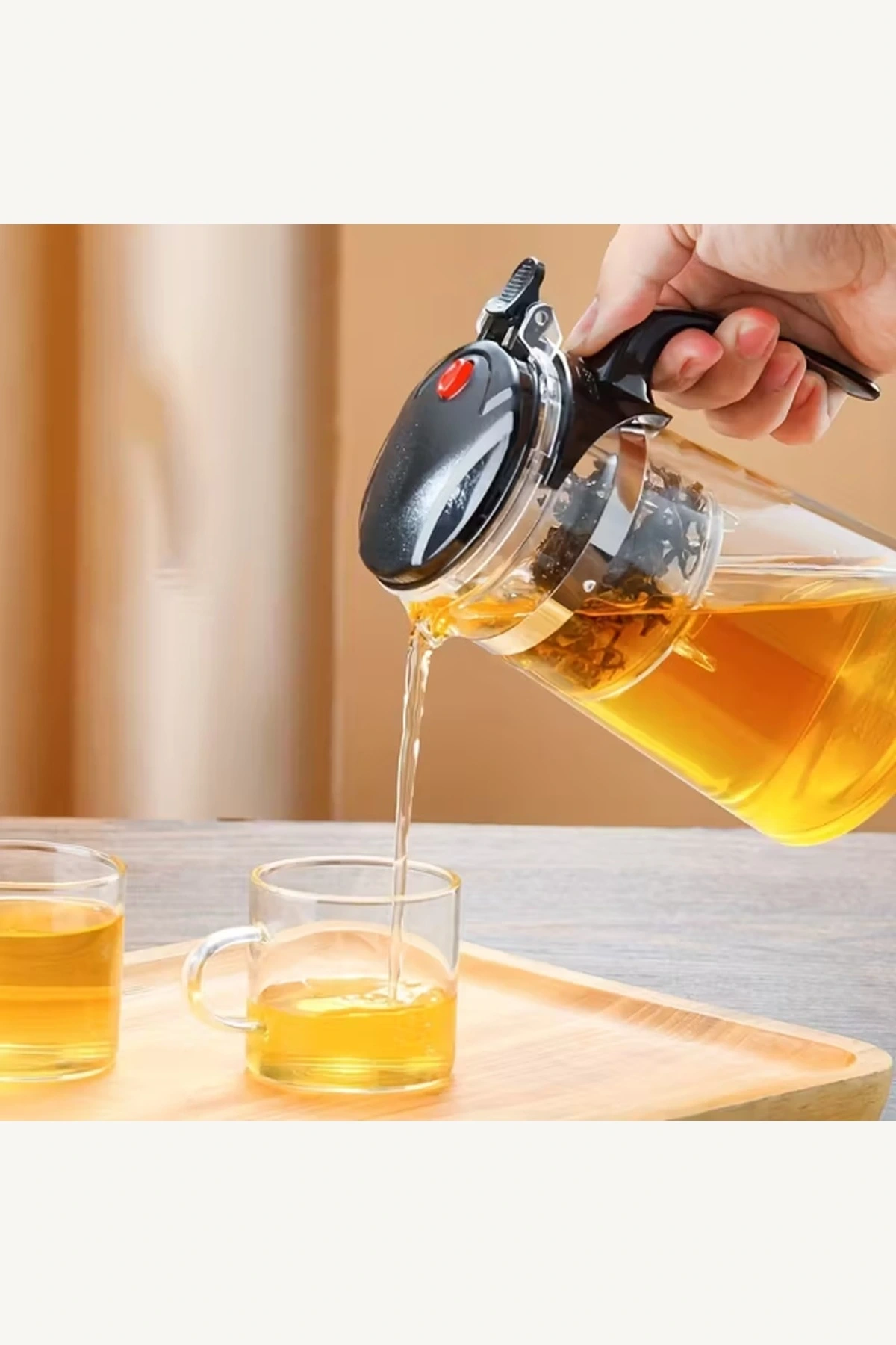 Otomatik Basmalı Filtreli Isıya Dayanıklı Cam 900 ml Çay Demliği