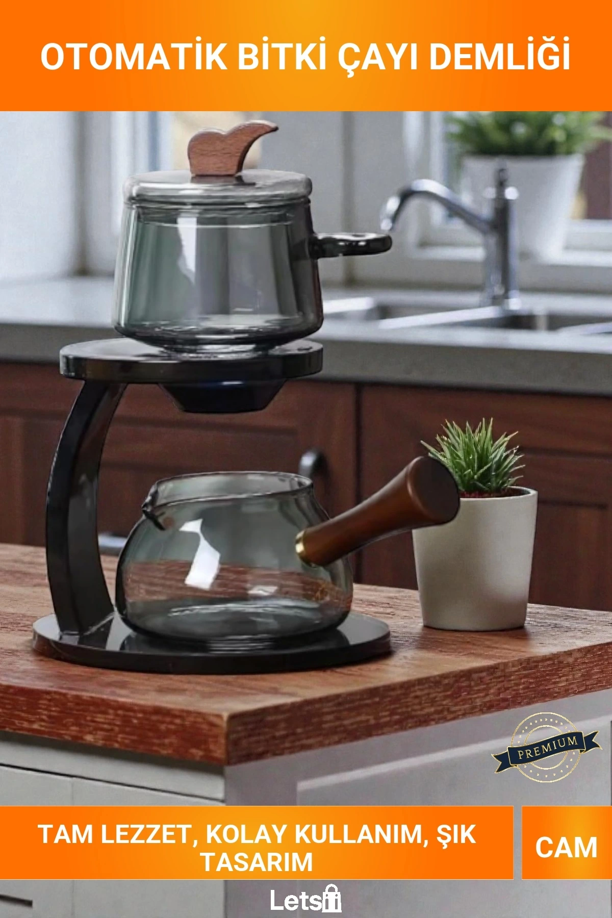 Otomatik Çevirme Mekanizmalı Metal Standlı Bitki Çayı Demliği