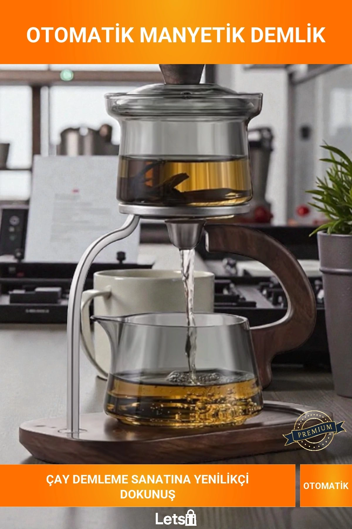 Otomatik Manyetik Akışlı Borosilikat Cam Ahşap Standlı Demlik