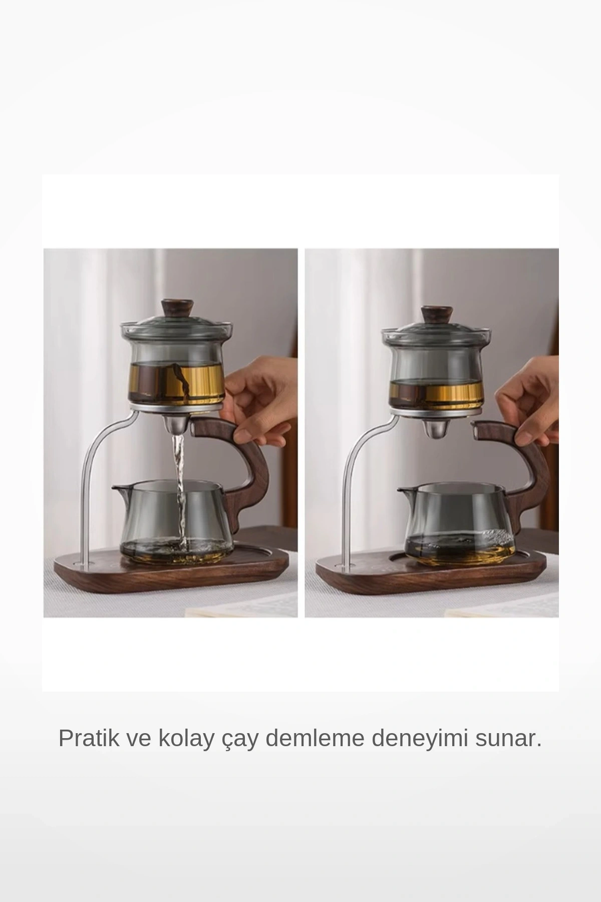 Otomatik Manyetik Akışlı Borosilikat Cam Ahşap Standlı Demlik