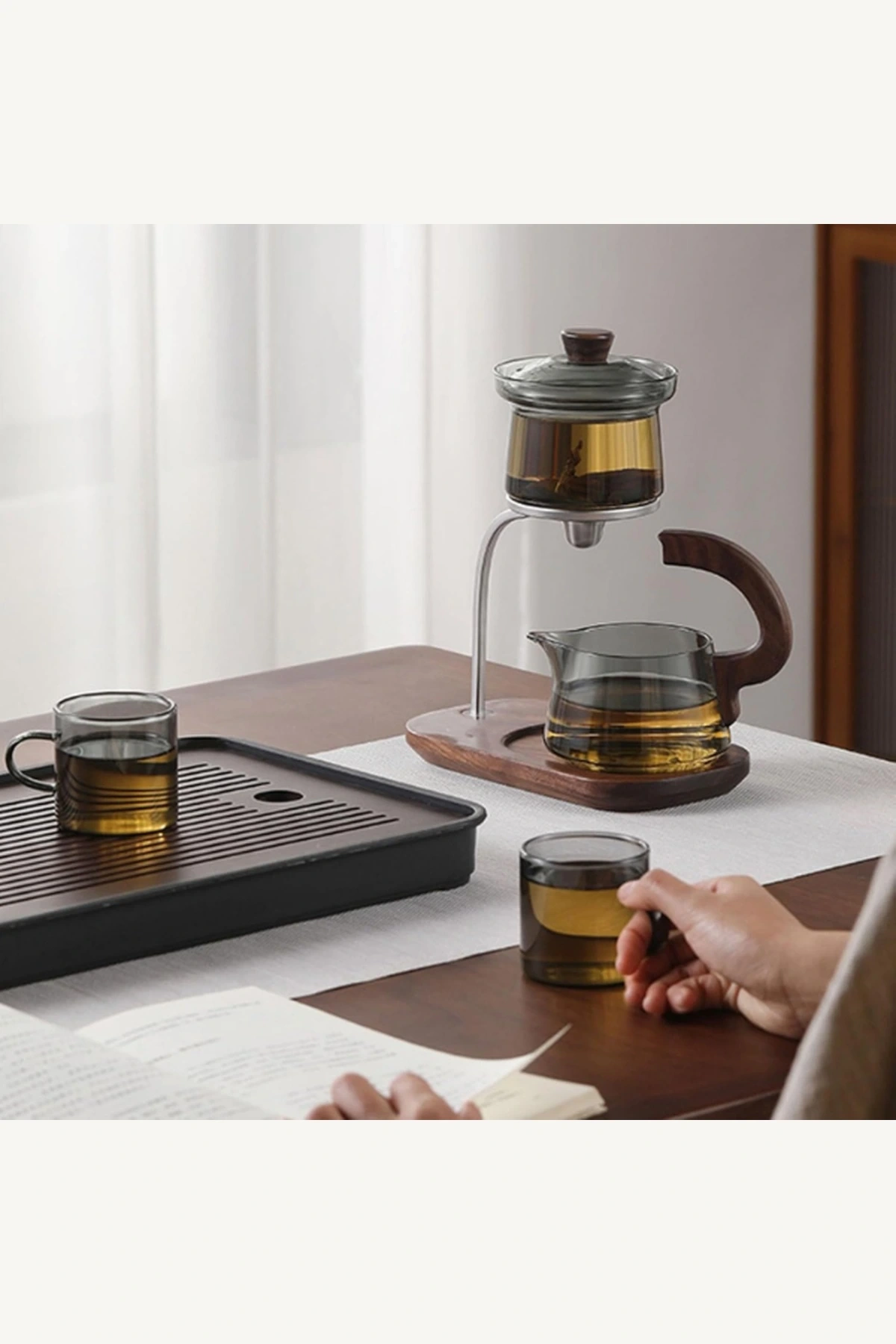 Otomatik Manyetik Akışlı Borosilikat Cam Ahşap Standlı Demlik