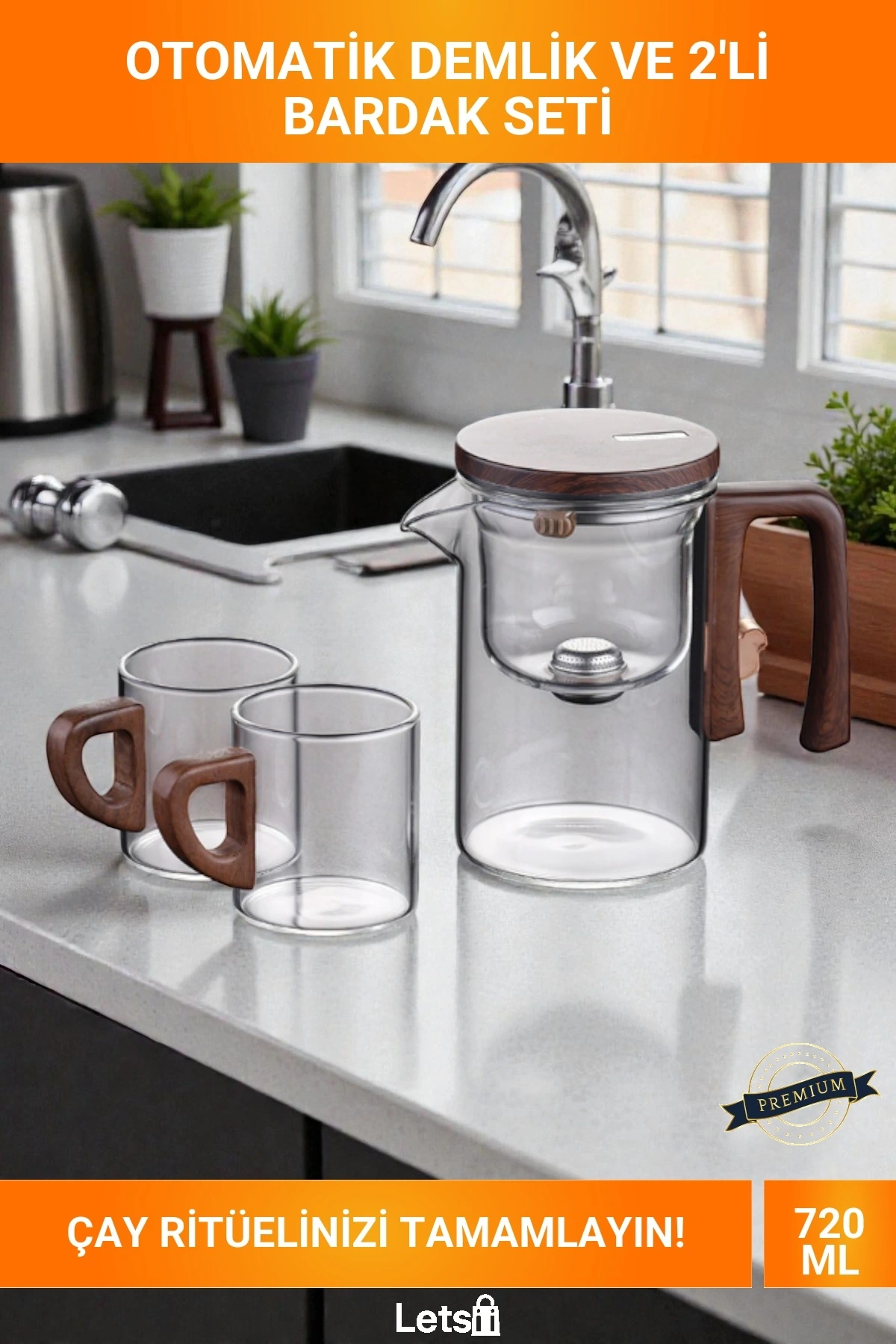 Otomatik Süzmeli Borosilikat Ahşap Saplı 720 ml Demlik ve 2li Cam Bardak