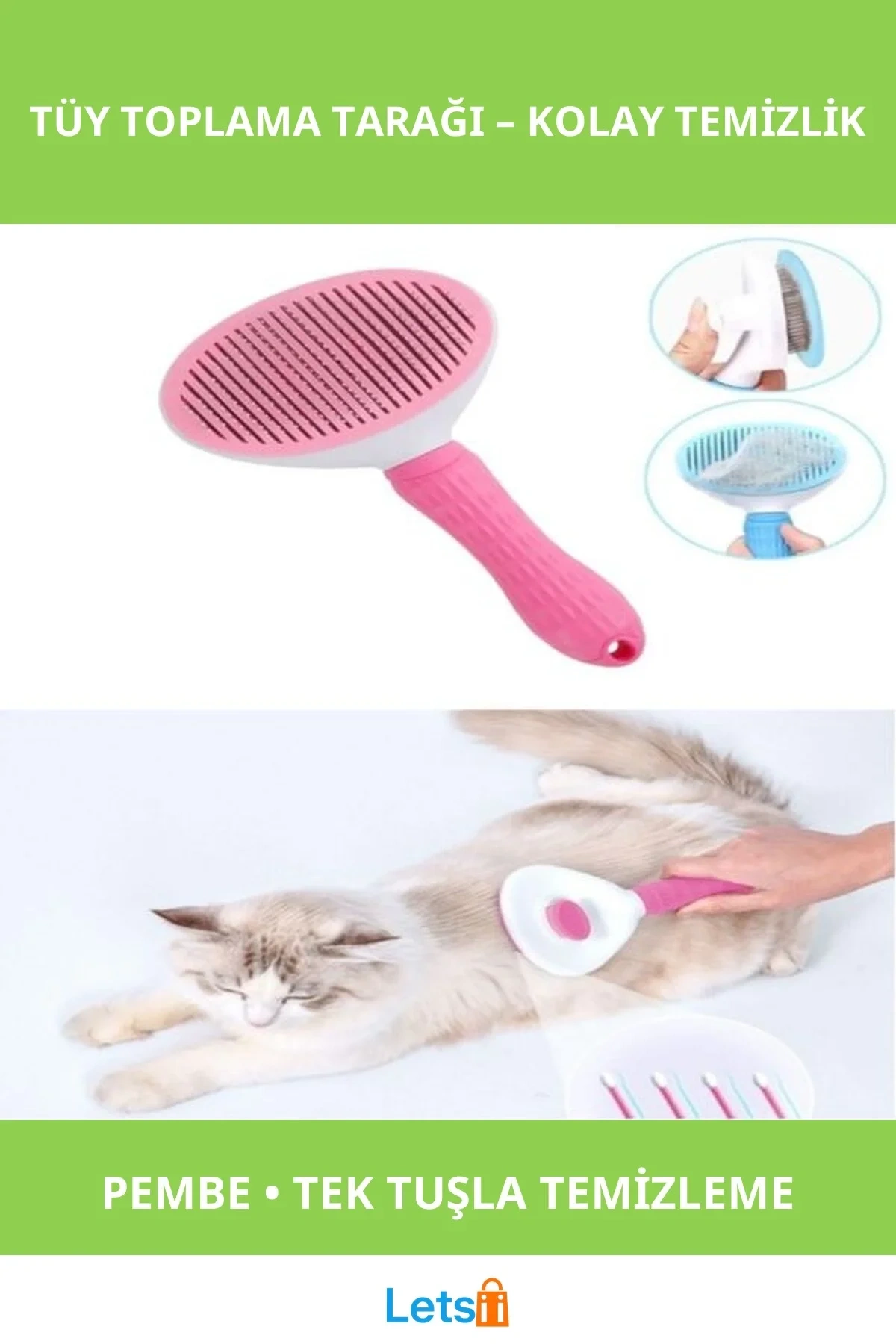 Otomatik Temizlenen Kedi Köpek Tüy Tarağı Pembe