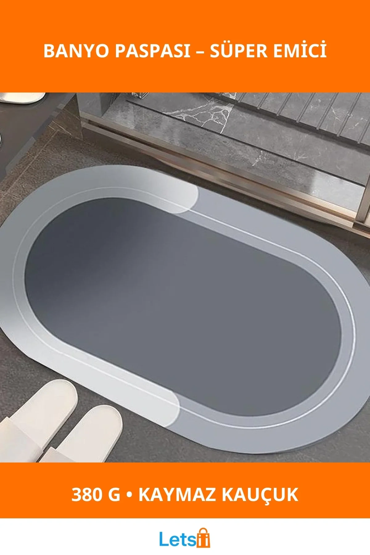 Oval Kaymaz Süper Emici Banyo Paspası 38x58 cm Gri Mavi