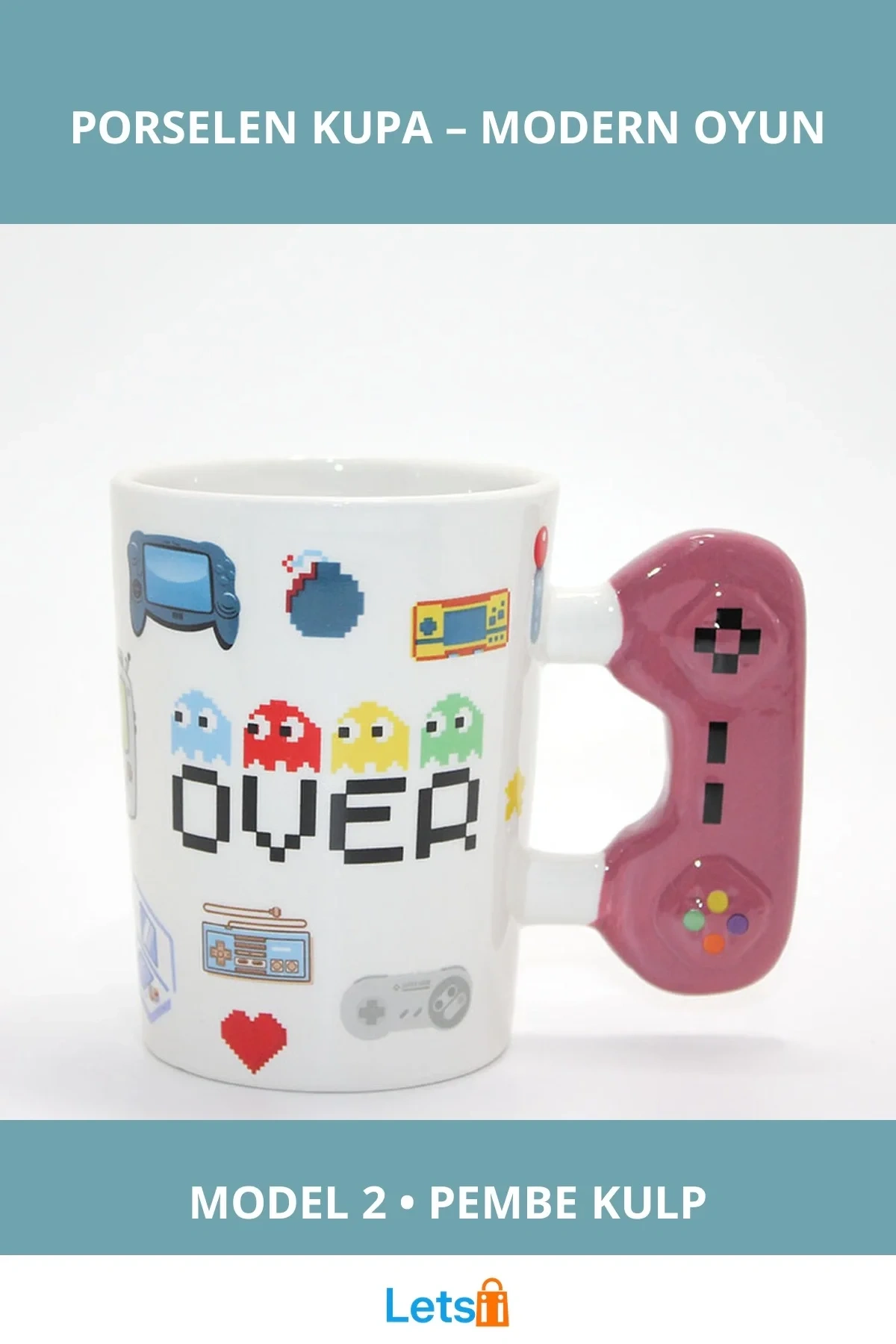 Oyun Temalı Pembe Kulp Porselen Kupa Bardak