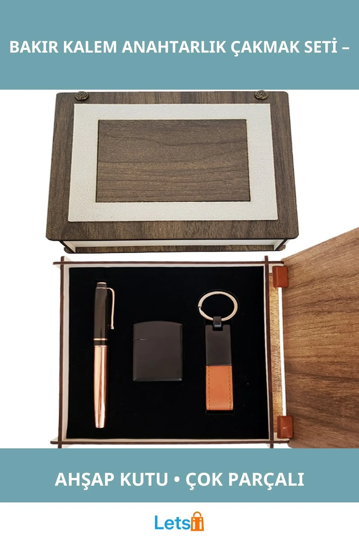 Özel Ahşap Kutulu Bakır Roller Kalem, Anahtarlık ve Çakmak Seti