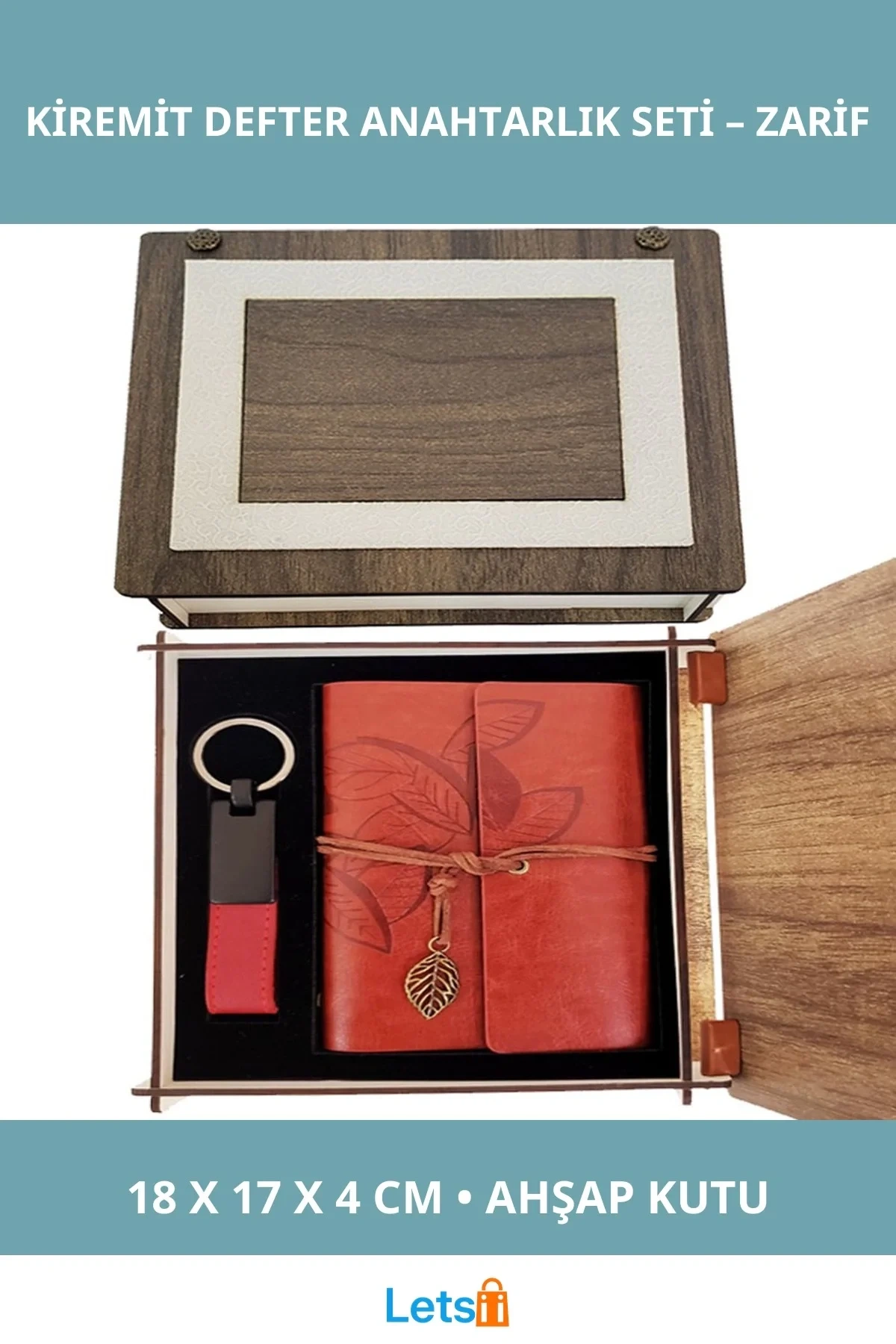 Özel Ahşap Kutulu Kiremit Rengi Deri Not Defteri ve Anahtarlık