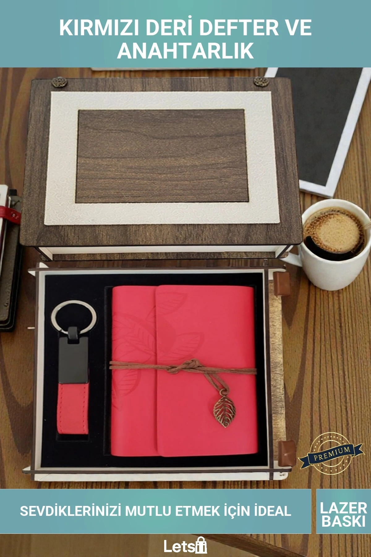 Özel Ahşap Kutulu Kırmızı Deri Defter ve Anahtarlık Hediye Seti