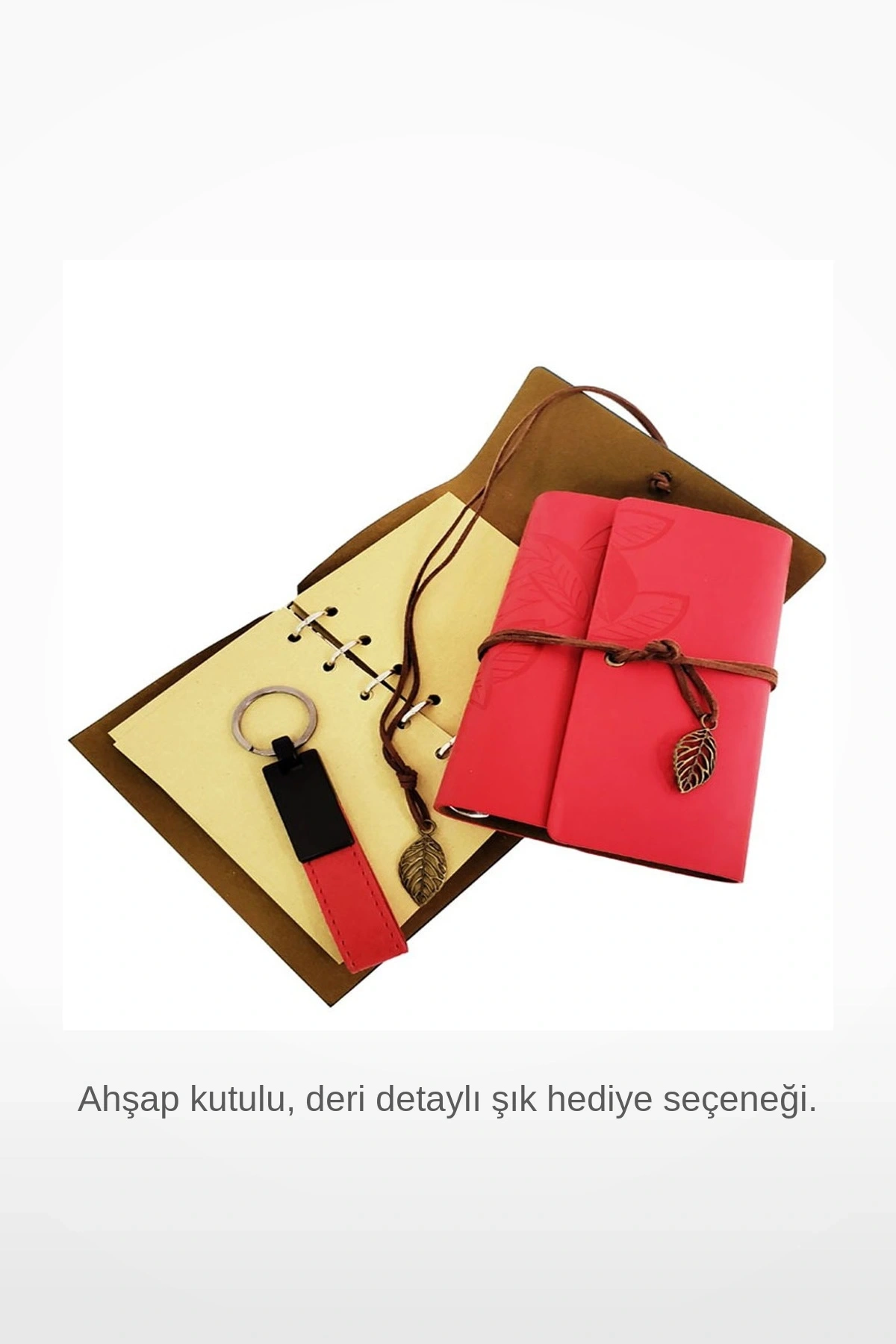Özel Ahşap Kutulu Kırmızı Deri Defter ve Anahtarlık Hediye Seti