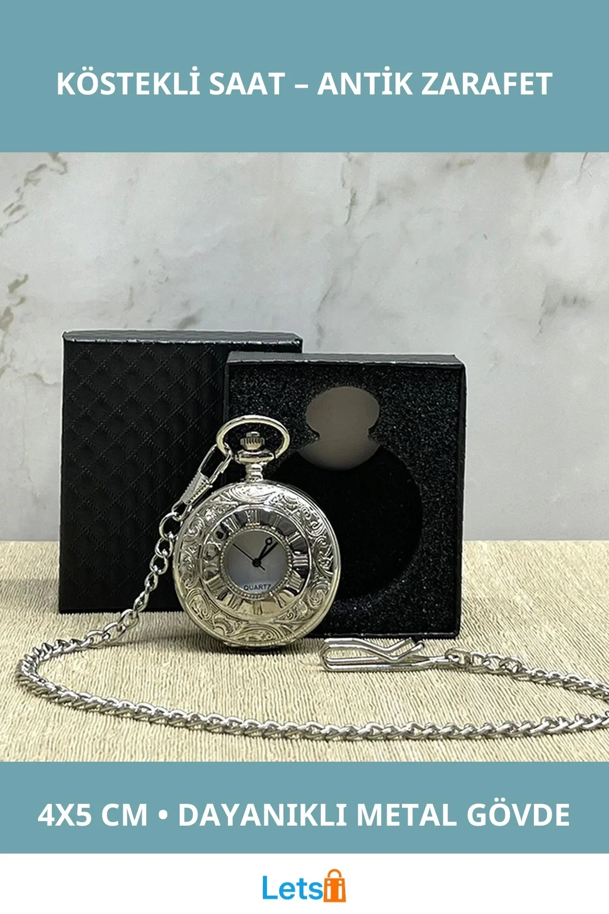 Özel Kutulu Antik Köstekli Saat Klasik Tasarım 4x5 cm Metal Gövde