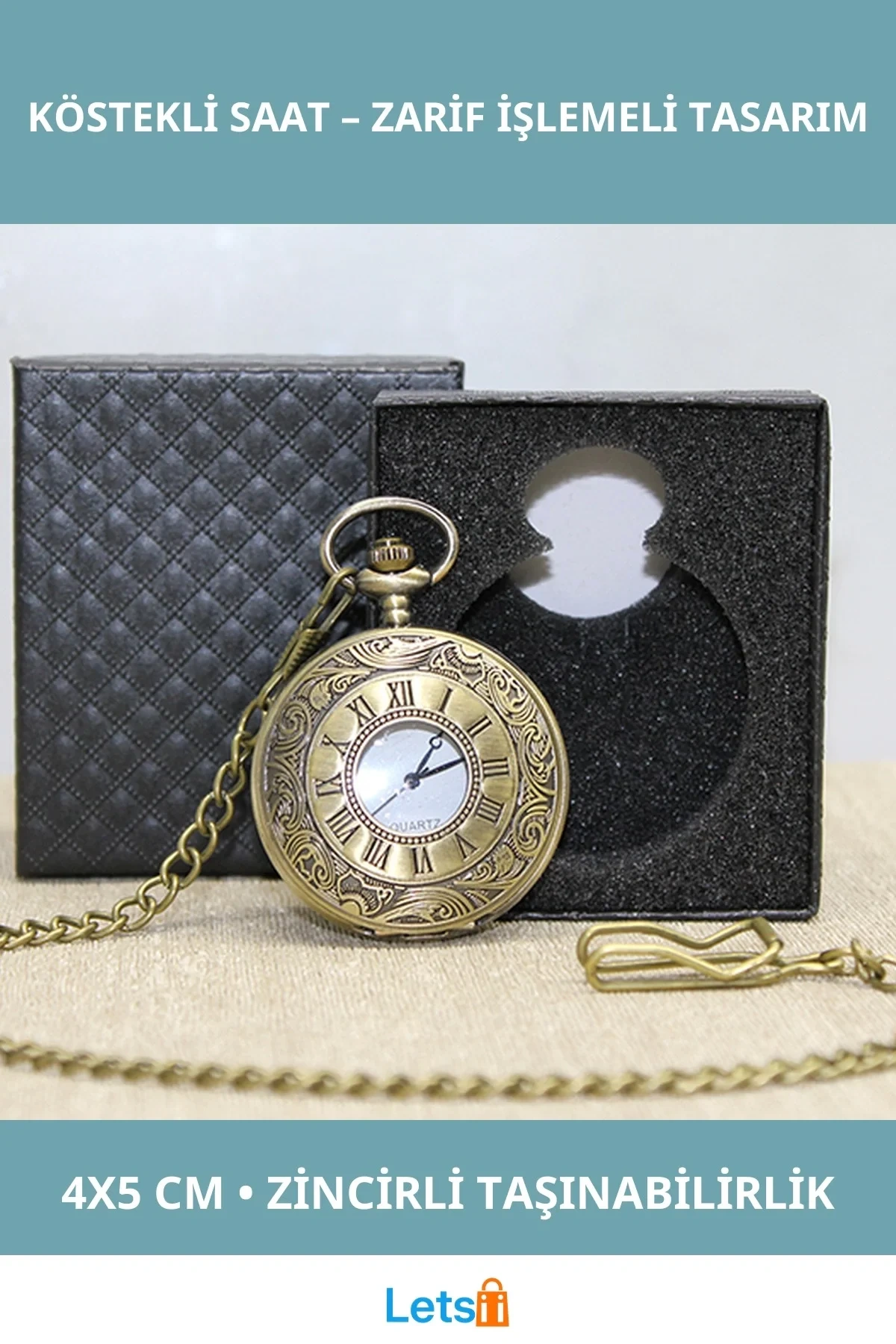 Özel Kutulu Antik Köstekli Saat Metal Zincirli 4x5 cm