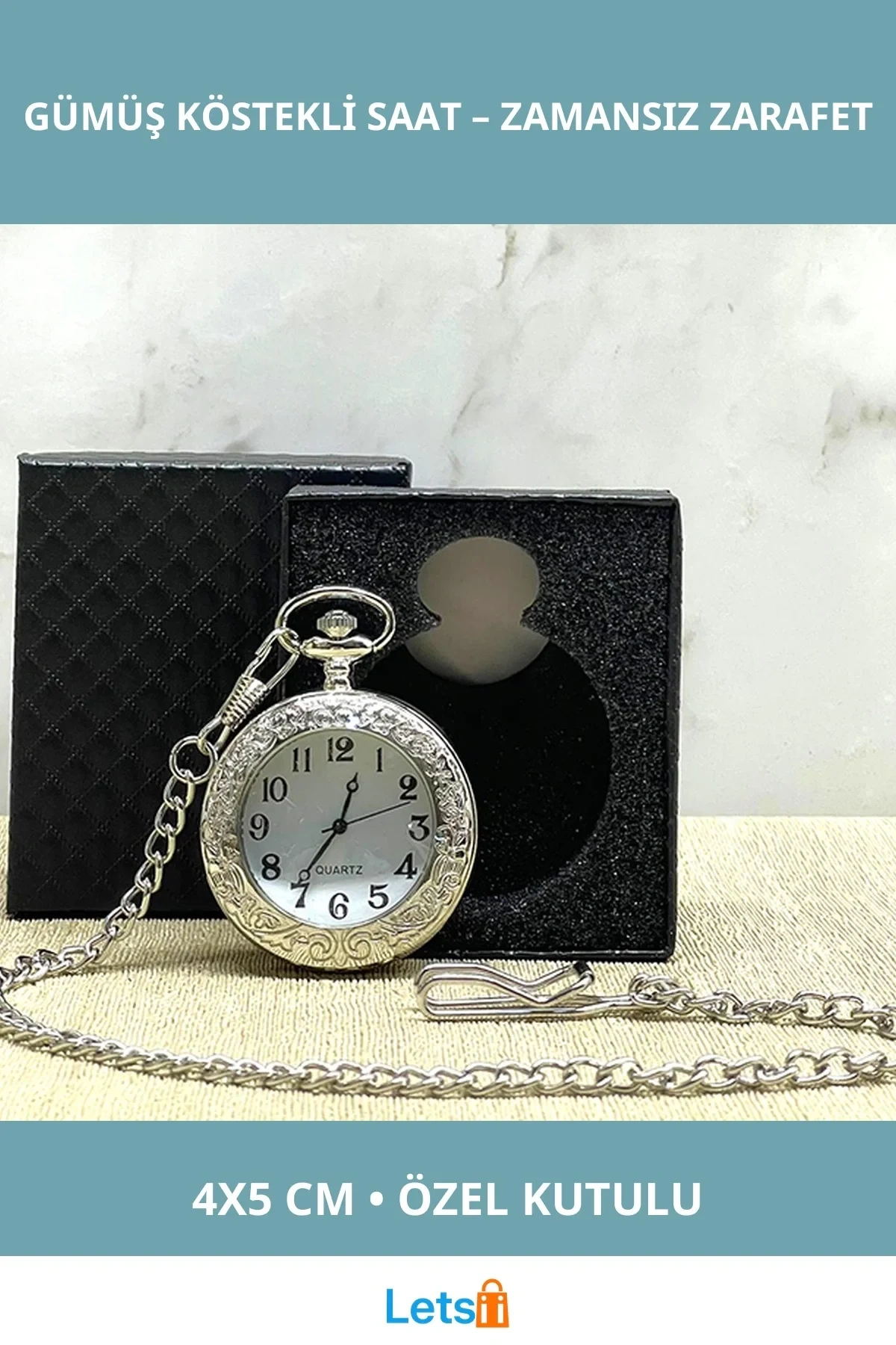 Özel Kutulu Gümüş Kaplama Klasik Köstekli Saat