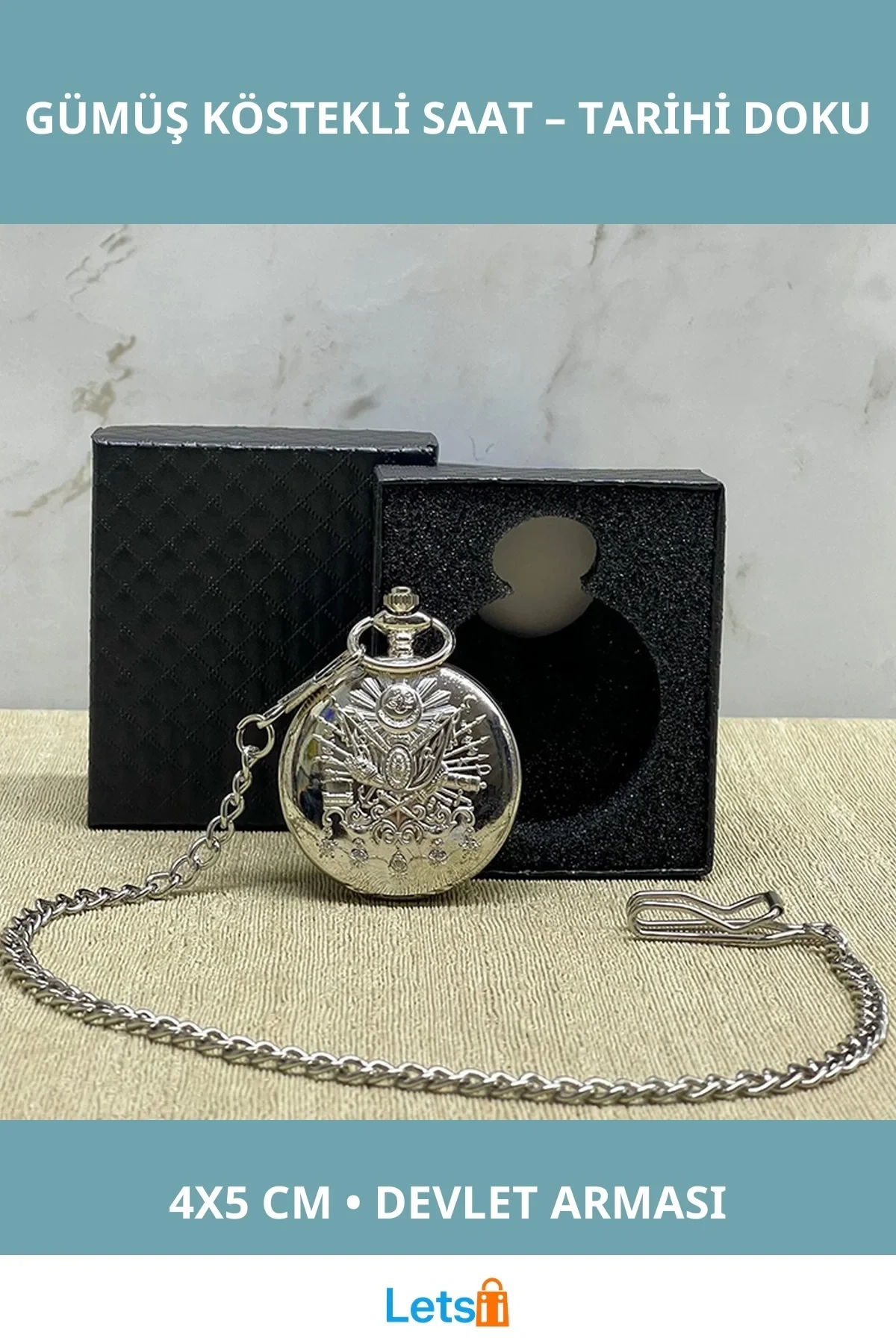 Özel Kutulu Osmanlı Devlet Arması Gümüş Köstekli Saat