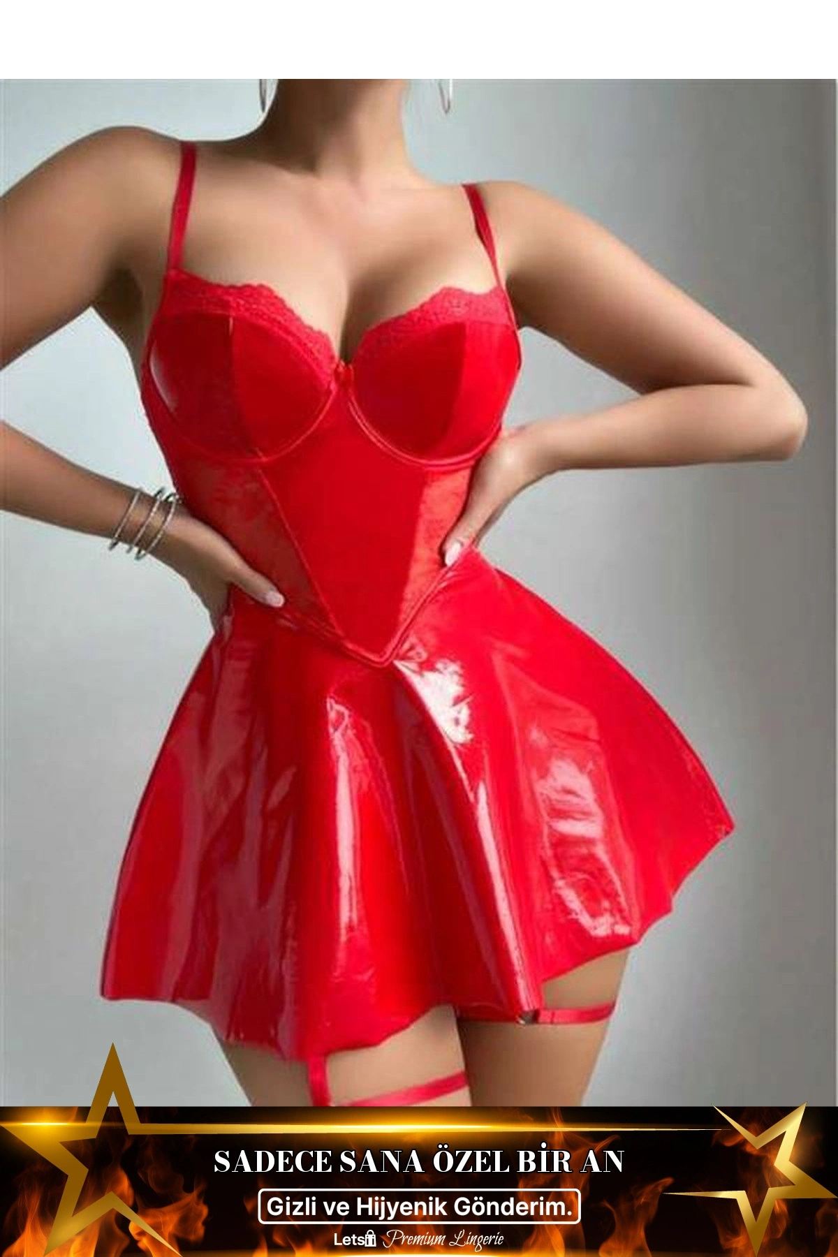 Parlak Deri Bacak Bantlı Fantezi Club Elbise Kırmızı Renk