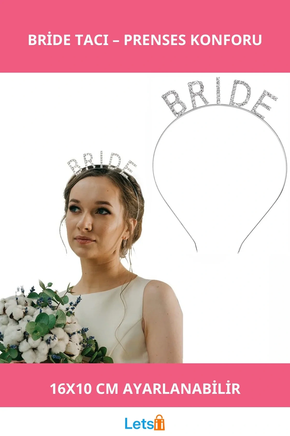 Parlak Gümüş Renk Kristalli Bekarlığa Veda Bride Tacı