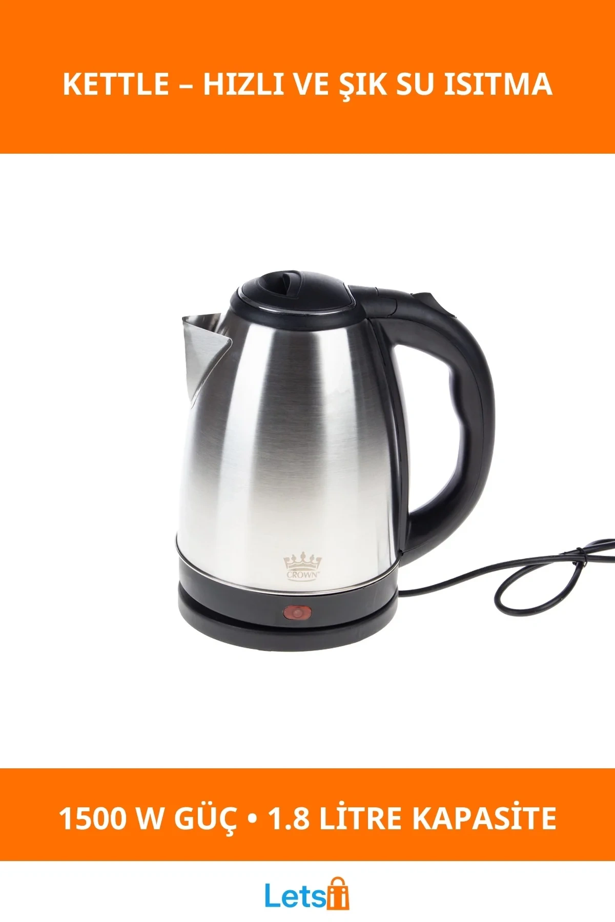 Paslanmaz Çelik 1500 W Güçlü Hızlı Su Isıtıcı 1.8 L Kettle