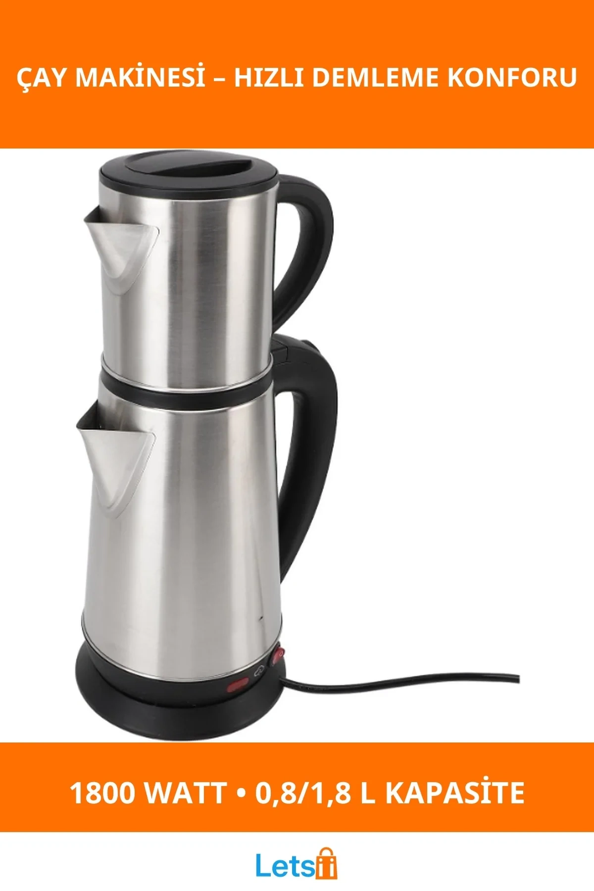 Paslanmaz Çelik 1800W Elektrikli Çay Makinesi 1.8L Kapasite