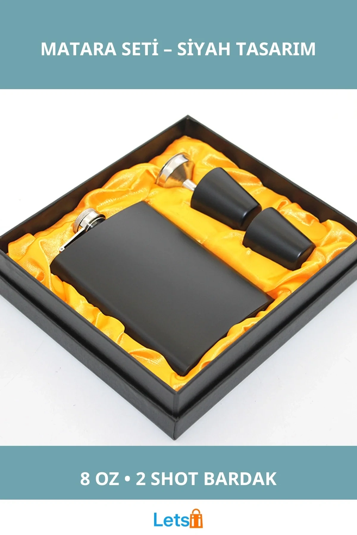 Paslanmaz Çelik 2 Shot Bardaklı Matara Siyah Renk