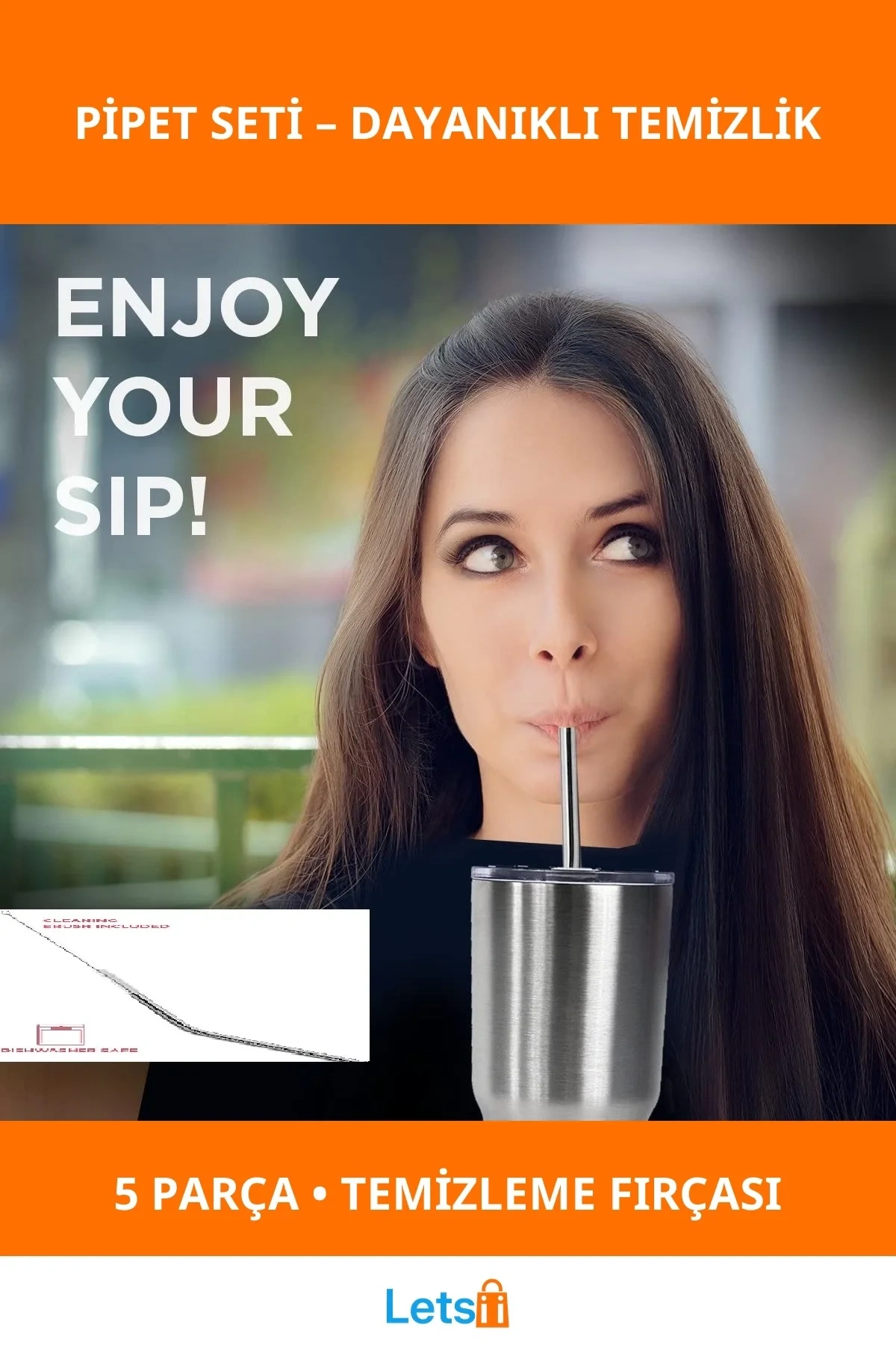 Paslanmaz Çelik 5 Parça Pipet Seti ve Temizleme Fırçası