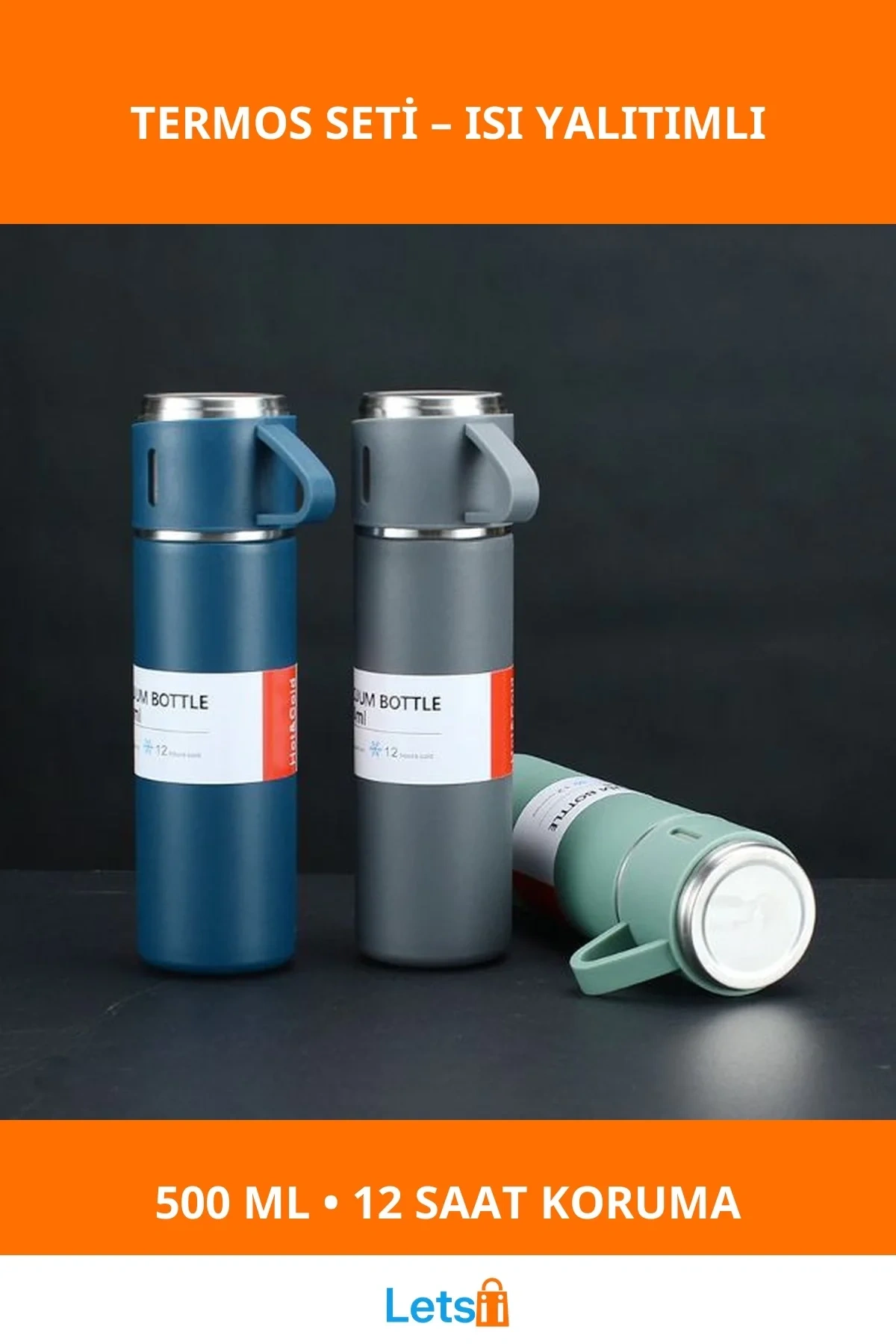 Paslanmaz Çelik 500ml Termos ve 3 Adet Bardaklı Set