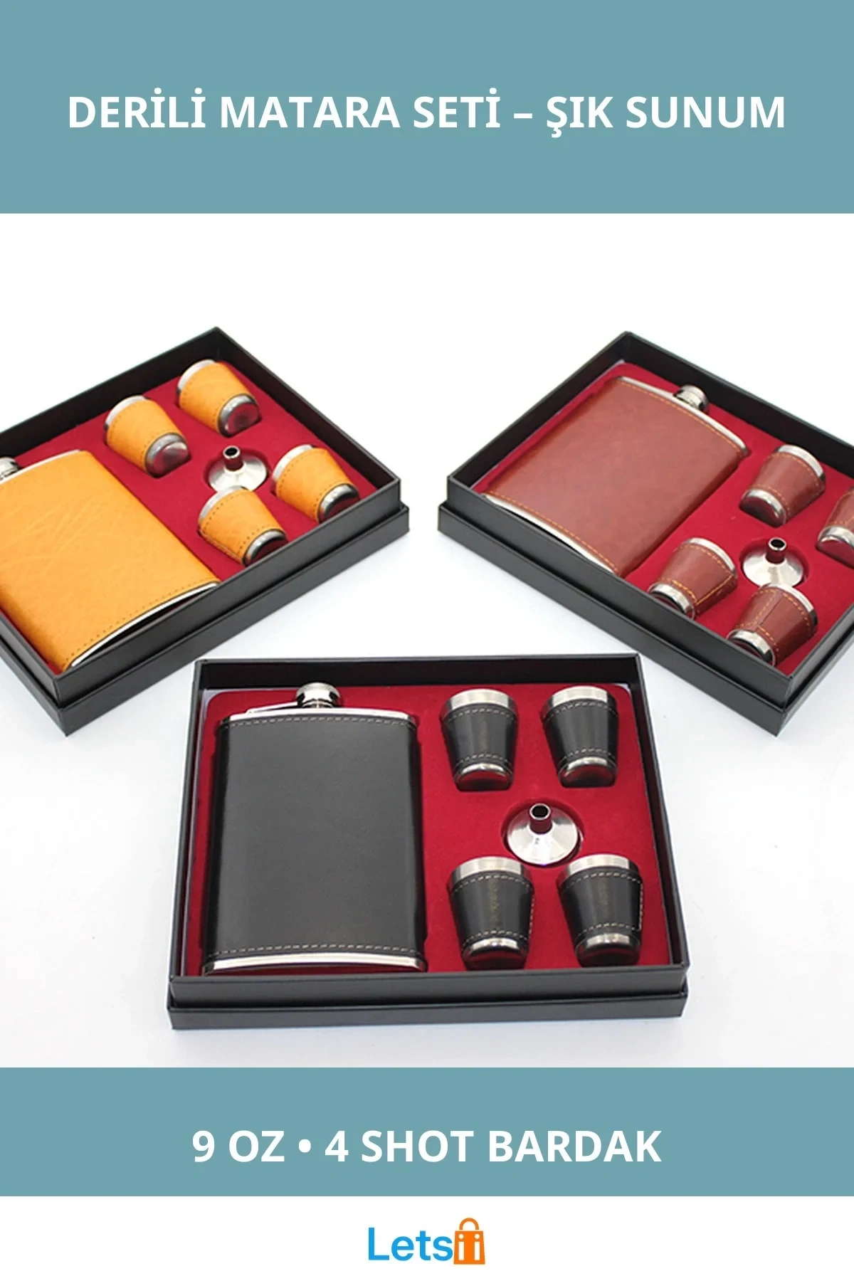 Paslanmaz Çelik Derili Taşınabilir 4 Shot Bardaklı Matara