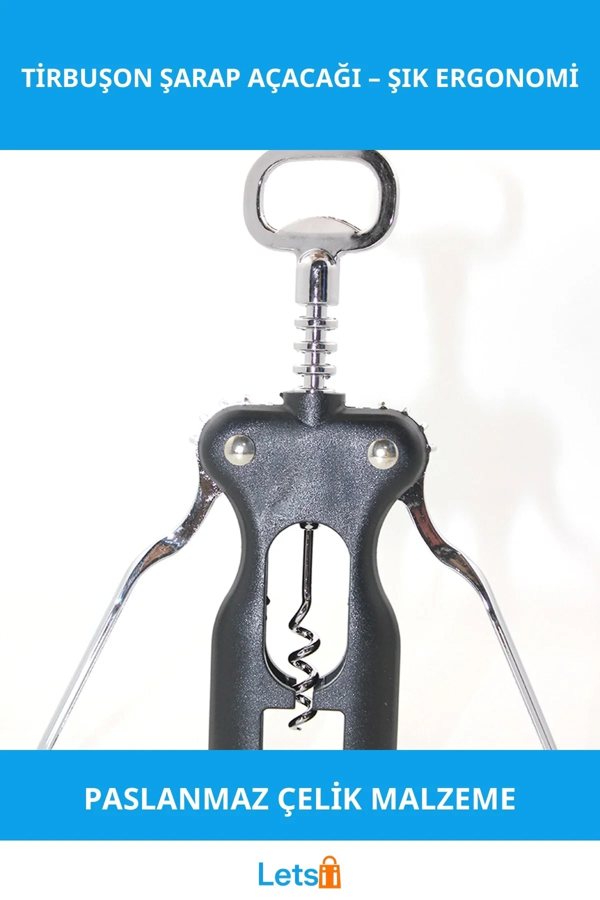 Paslanmaz Çelik Ergonomik Şarap Açacağı Tirbuşon Model 2