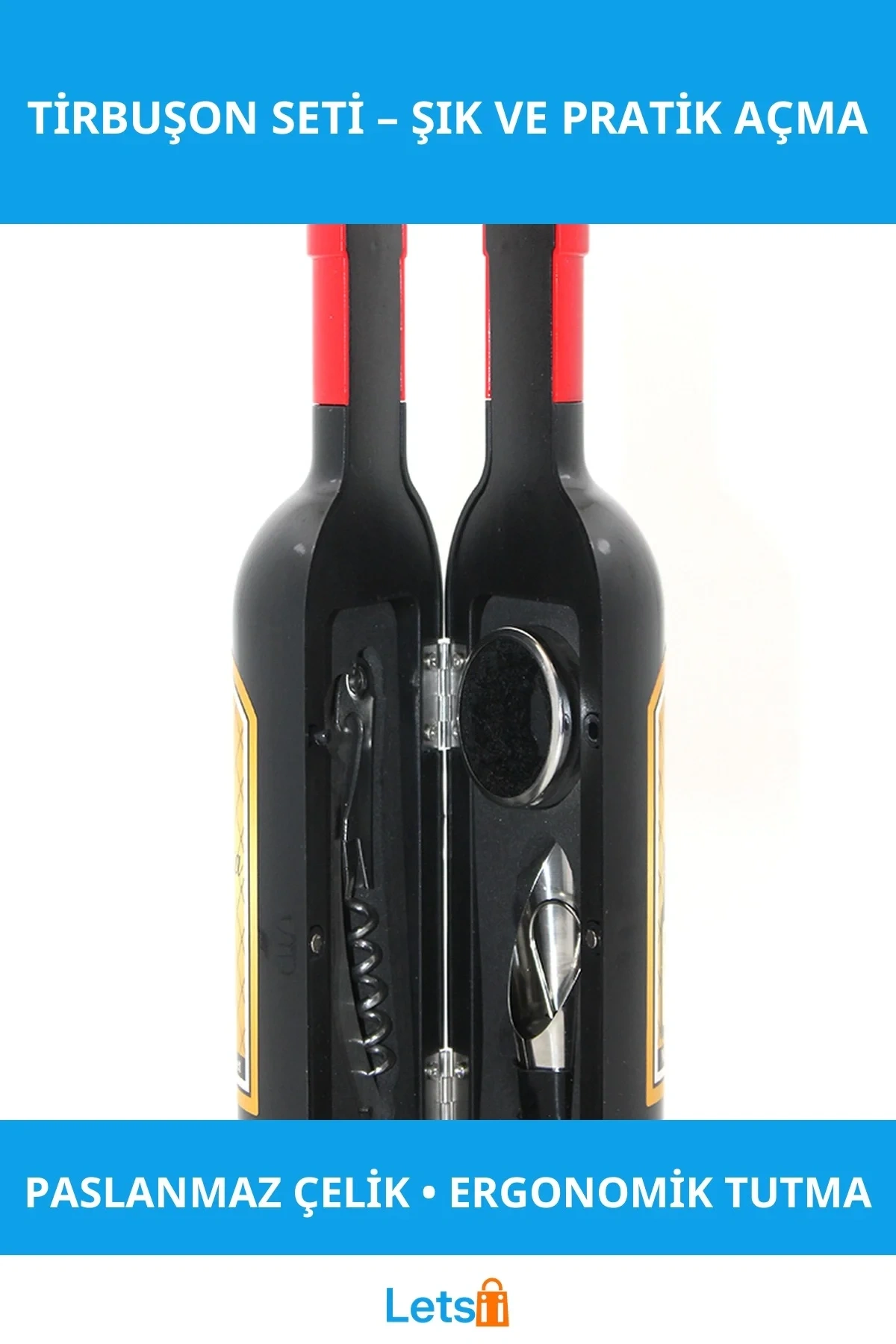 Paslanmaz Çelik Ergonomik Şişe Tirbuşon Aksesuar Seti