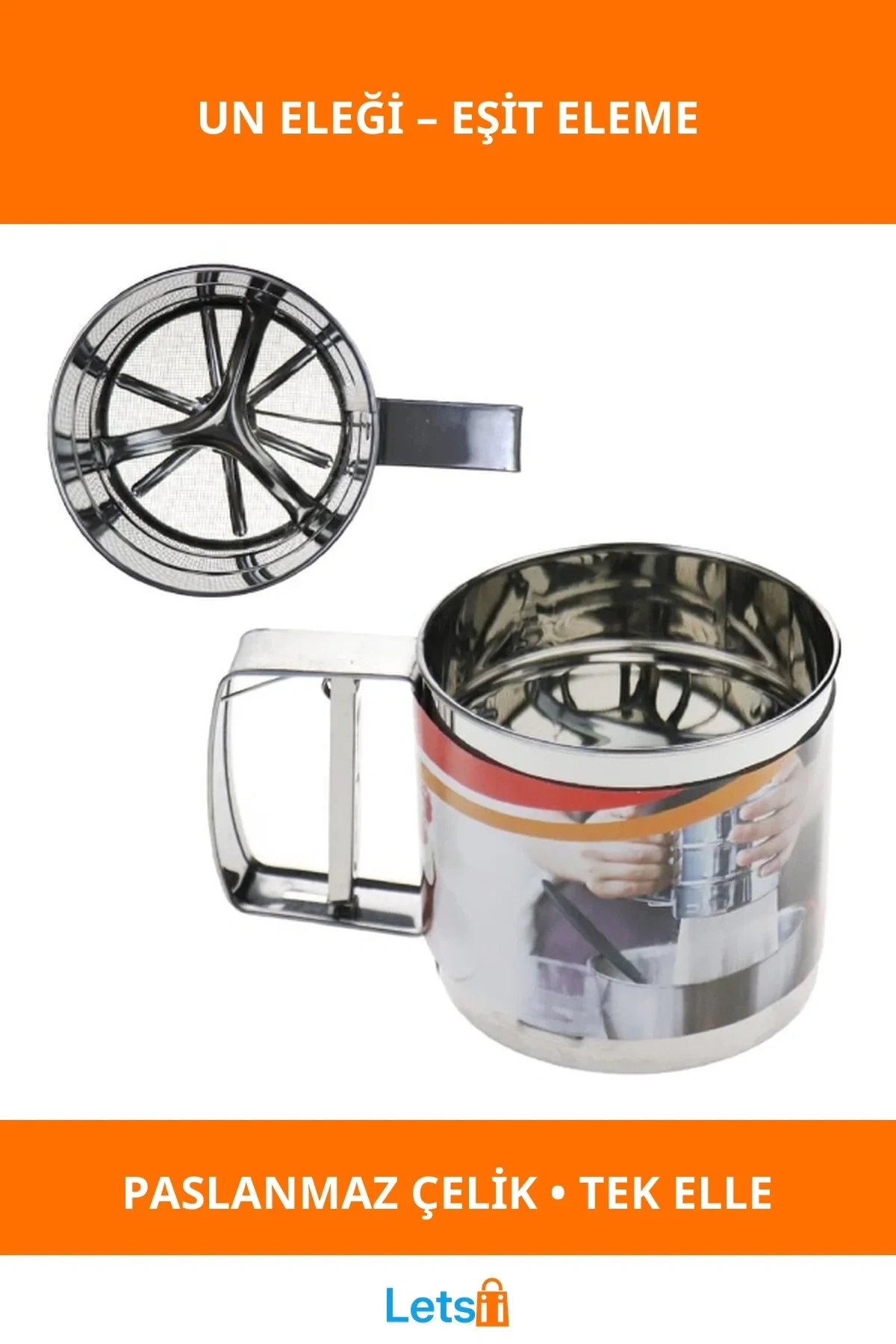 Paslanmaz Çelik Ergonomik Tek Elle Kullanım Un Eleği