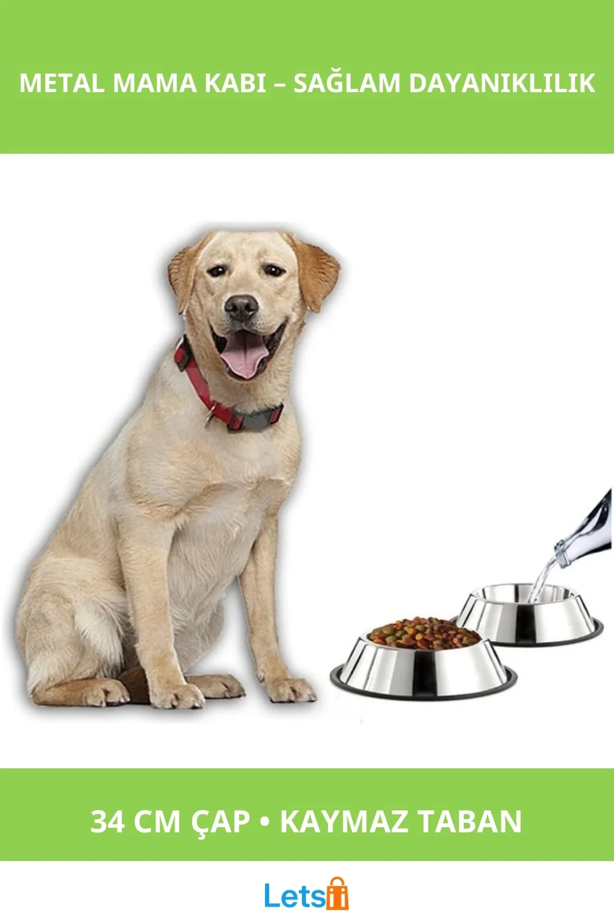 Paslanmaz Çelik Kaymaz Tabanlı Büyük Mama Kabı 34 cm