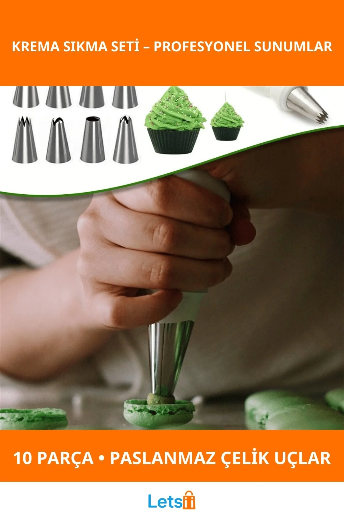 Paslanmaz Çelik Krema Sıkma Uçları ile 10 Parça Yaratıcı Pasta Süsleme Seti