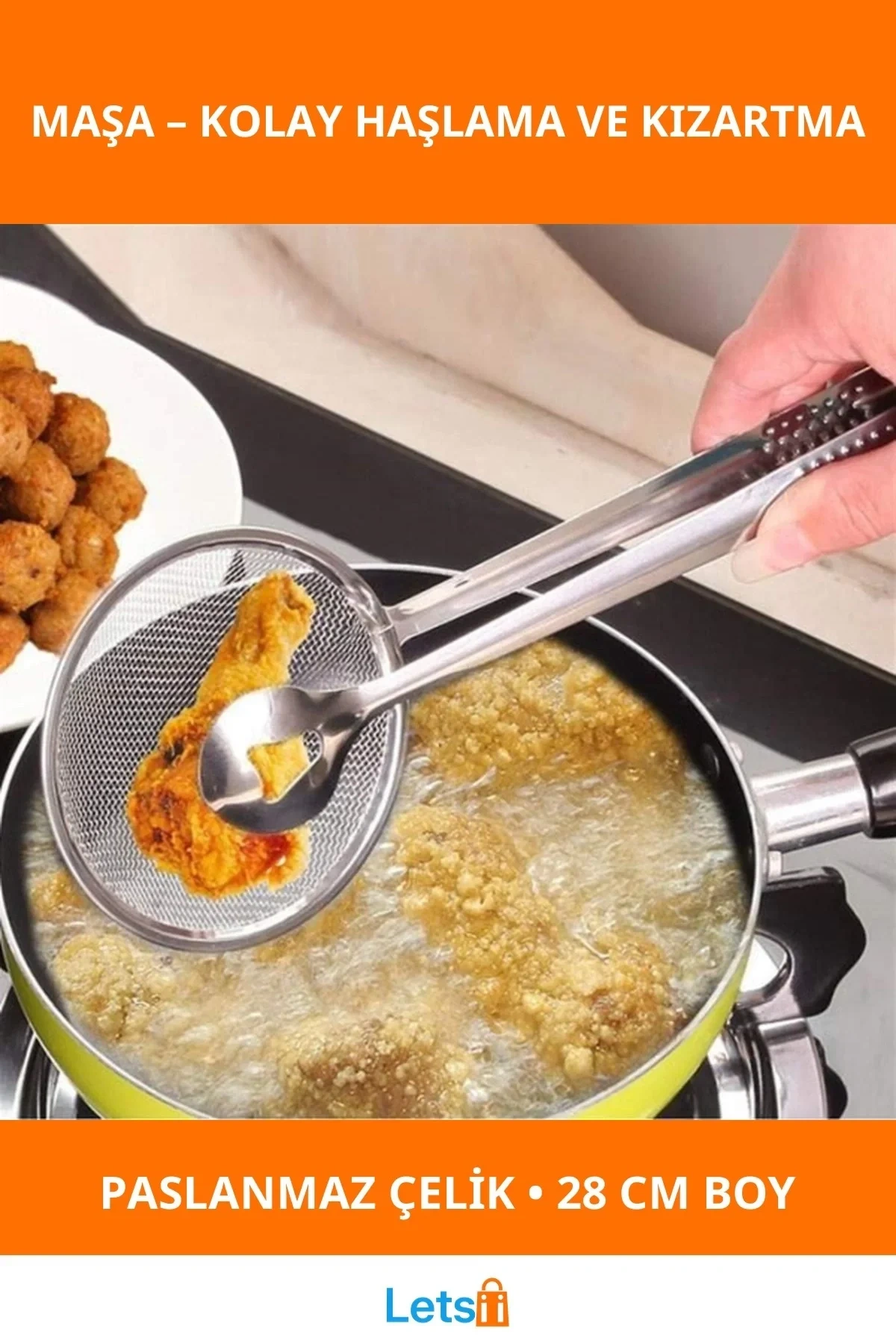 Paslanmaz Çelik Süzgeçli Kevgirli Haşlama Kızartma Maşası 28 cm