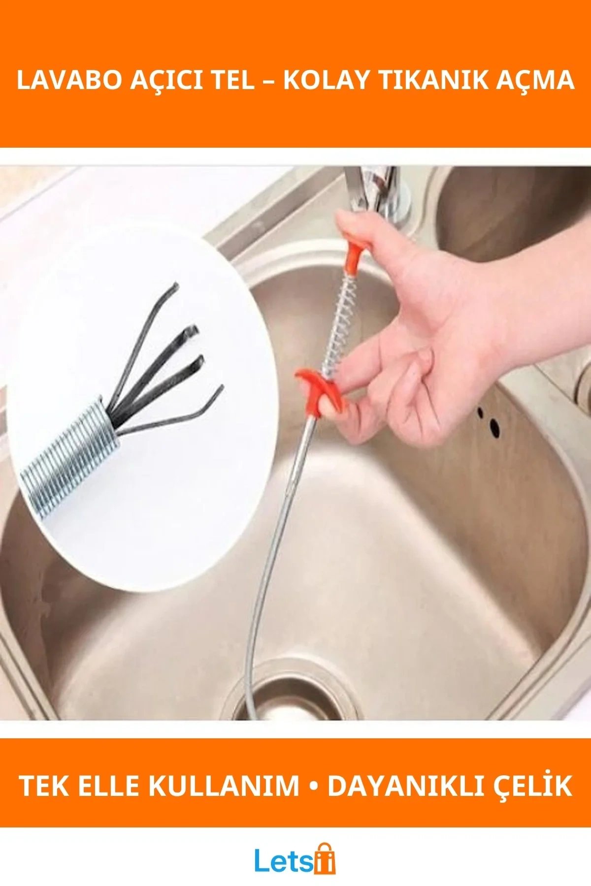 Paslanmaz Çelik Uzun Telli Lavabo Açıcı