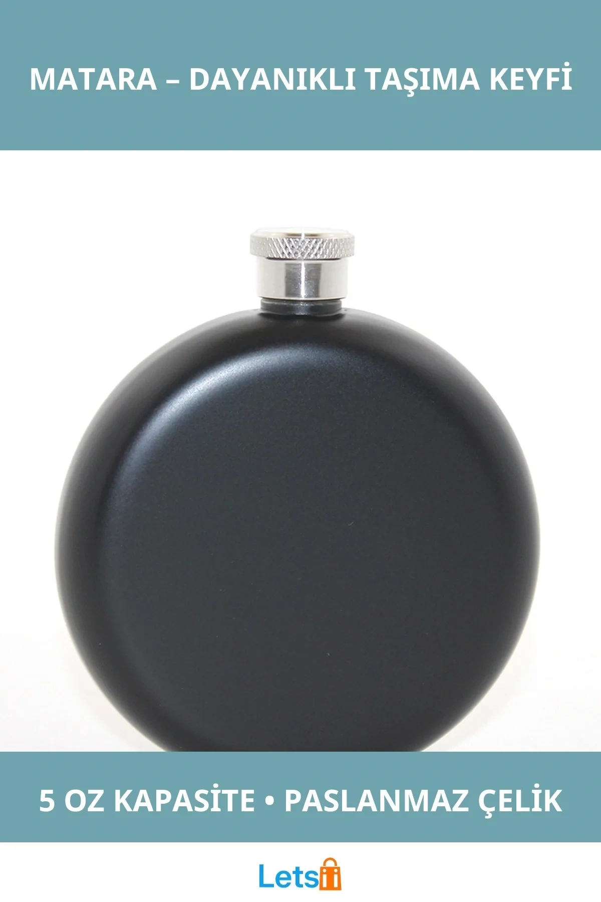 Paslanmaz Çelik Yuvarlak 5 Oz Tekli Matara Siyah Renk