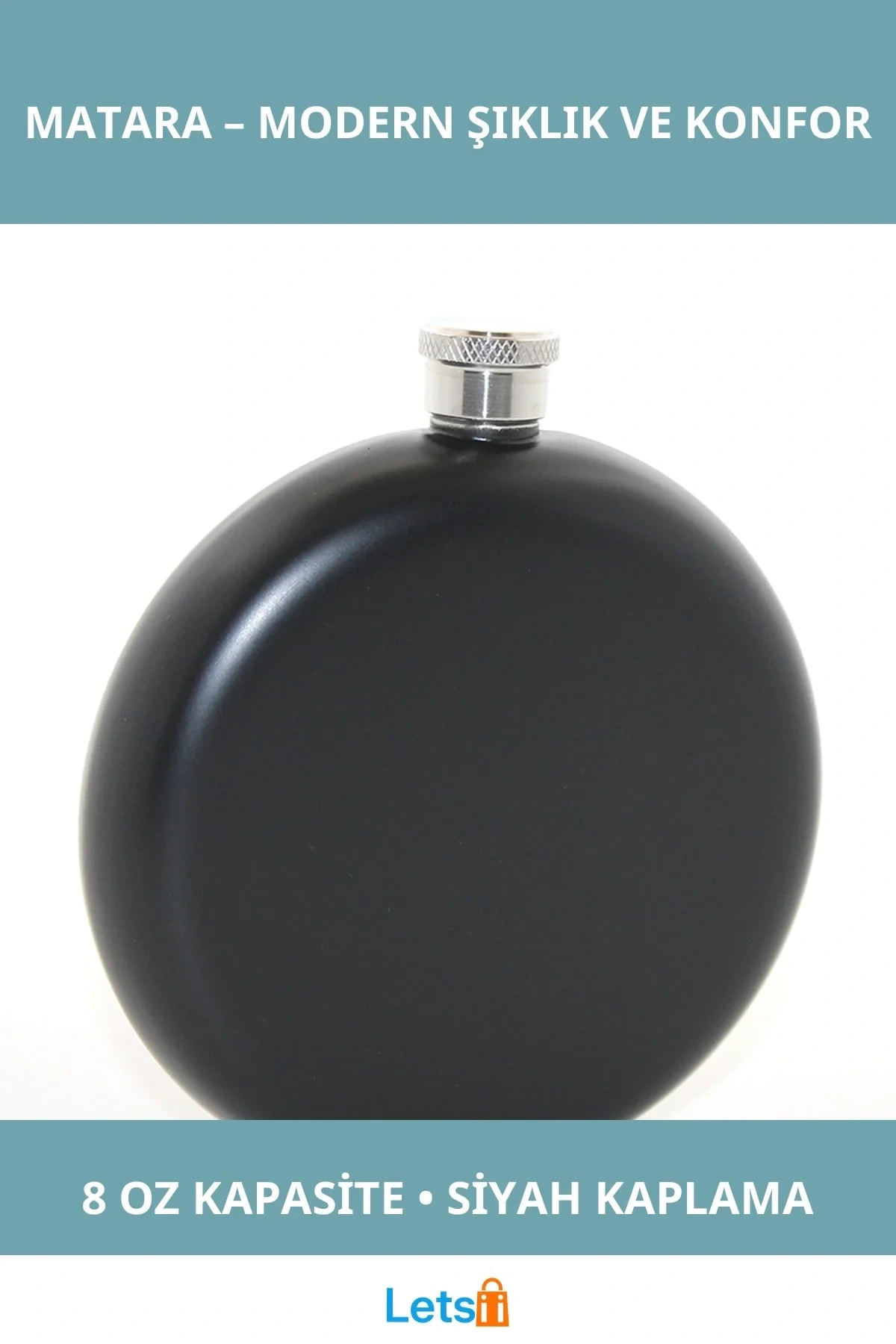 Paslanmaz Çelik Yuvarlak 8 Oz Matara Siyah Renk