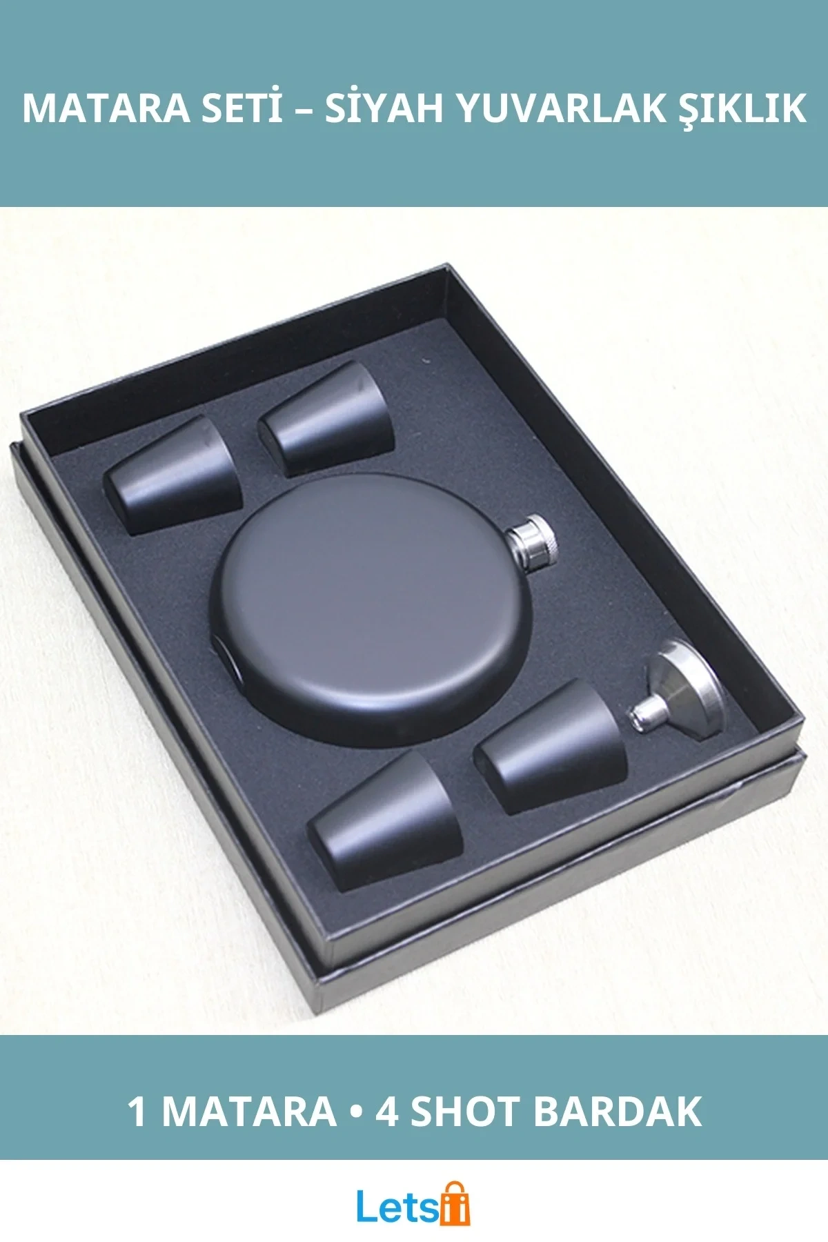 Paslanmaz Çelik Yuvarlak Siyah Matara ve 4 Shot Bardak Seti