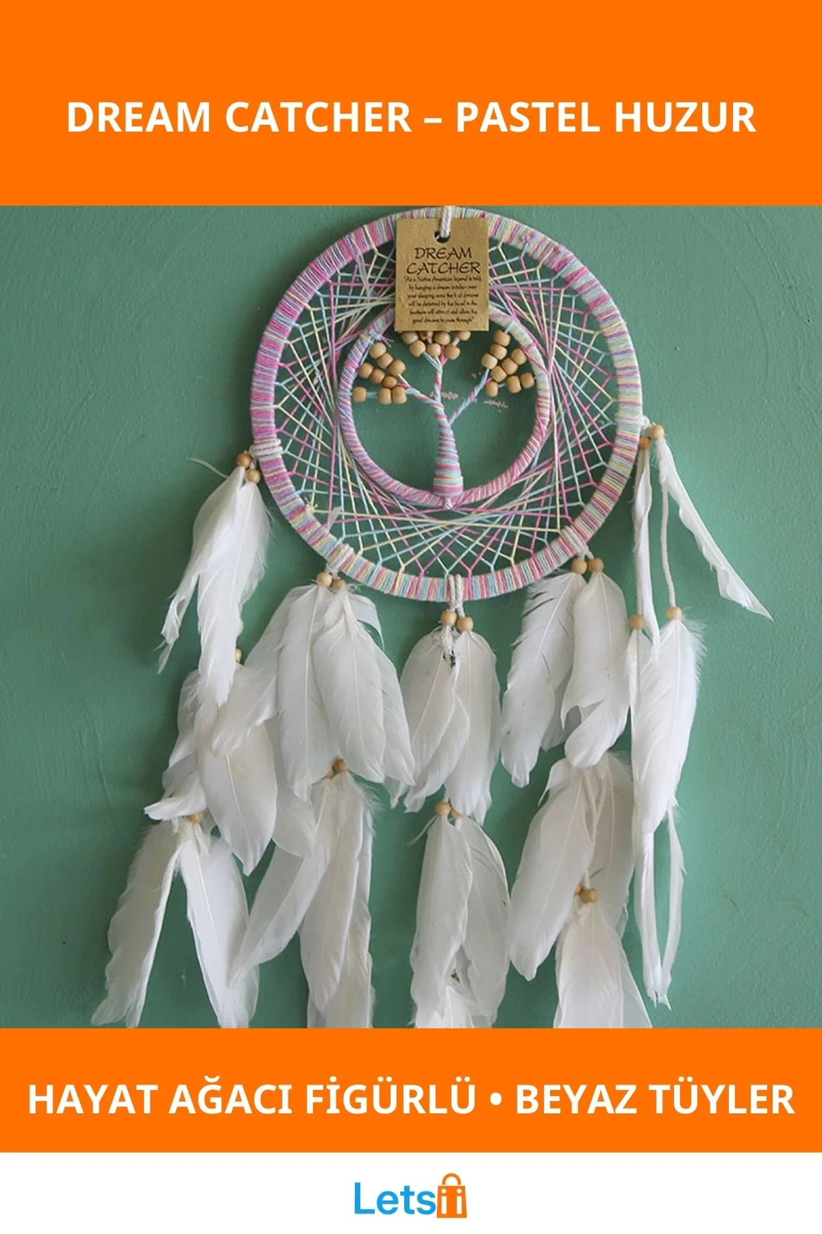 Pastel Rüya Kapanı Beyaz Tüyler İle Hayat Ağacı Figürlü Dekorasyon