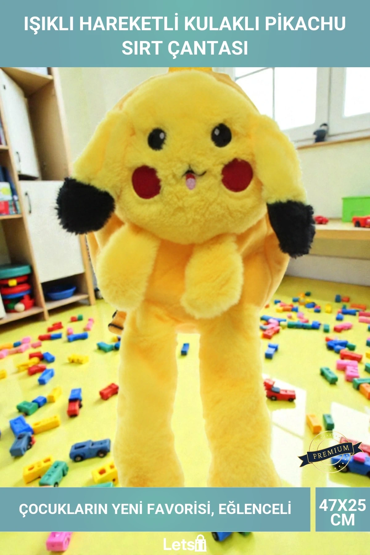Peluş Işıklı Oynar Kulaklı Sevimli Pikachu Çocuk Sırt Çantası