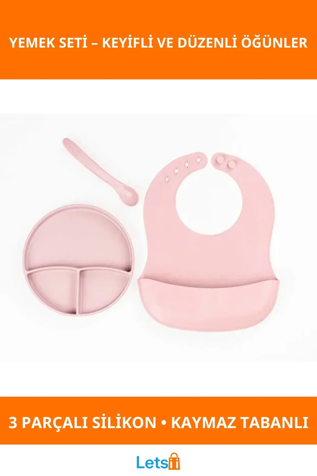 Pembe 3 Bölmeli Kaymaz Vakumlu Silikon Tabak Diş Kaşıyıcılı Kaşık ve Ayarlanabilir Mama Önlüğü