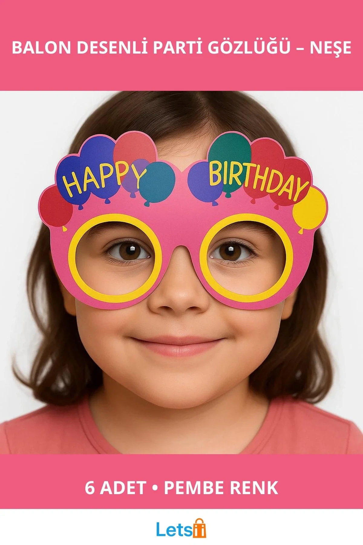 Pembe Balon Desenli Karton Doğum Günü Gözlükleri 6 Adet
